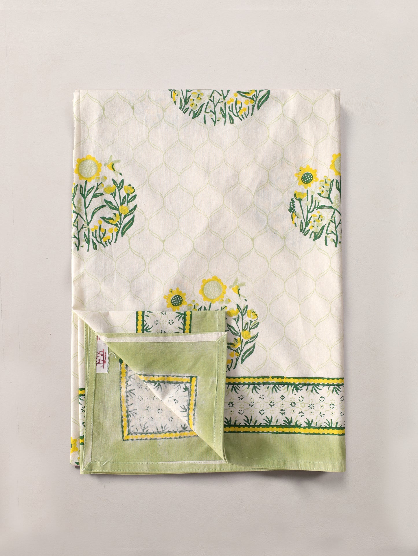 Green parrot and yellow phool bagh motif dining table cover