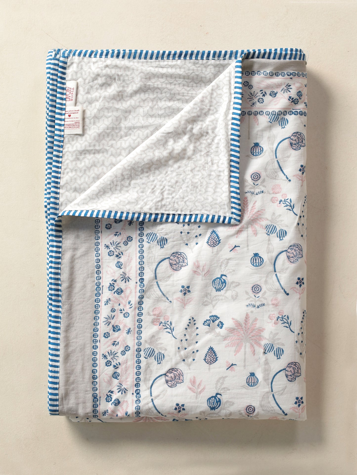 Pink blue and grey nariyal tree mulmul dohar (scattered floral)