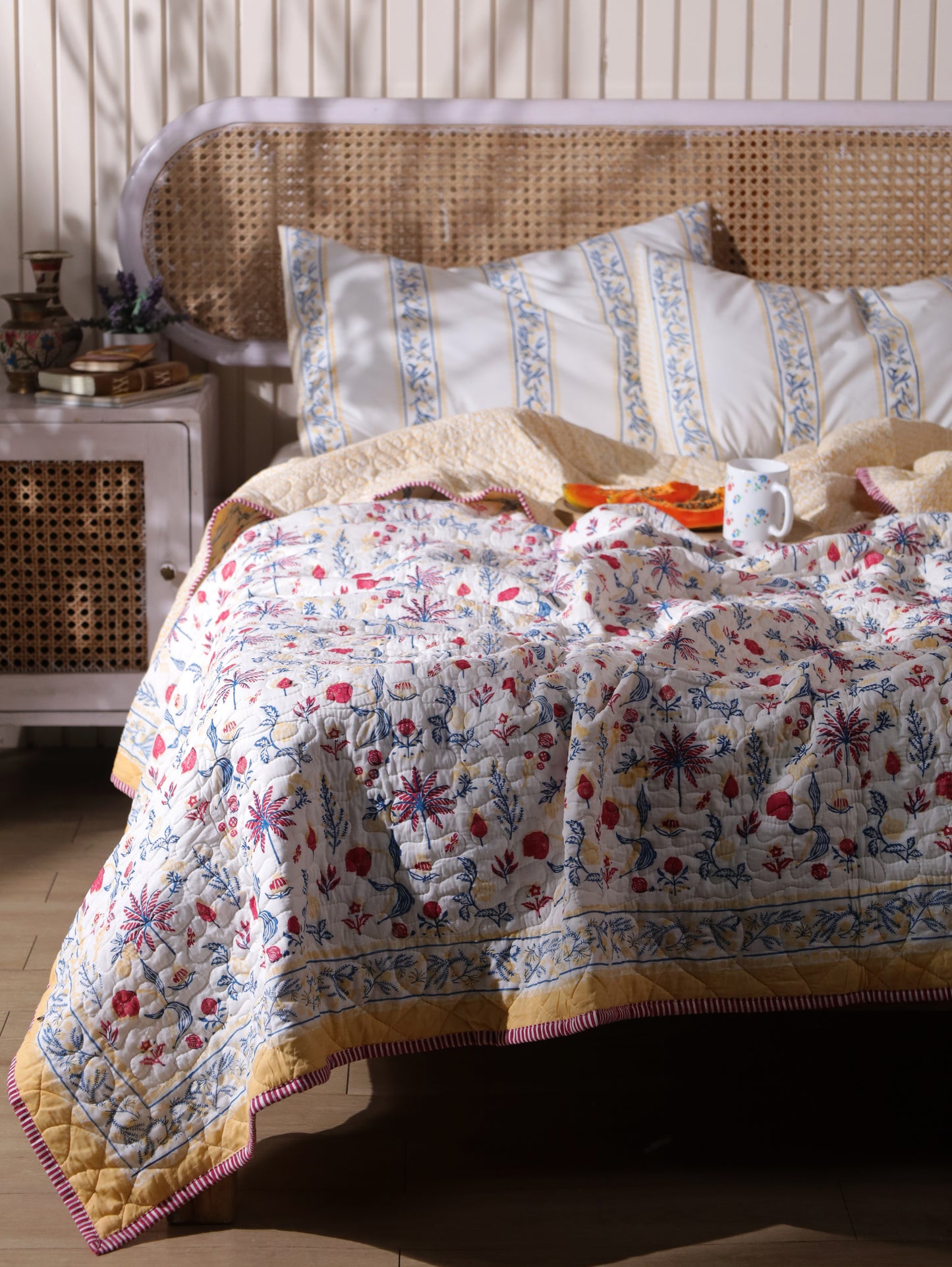 Magenta yellow and blue nariyal tree mulmul quilt (scattered floral)