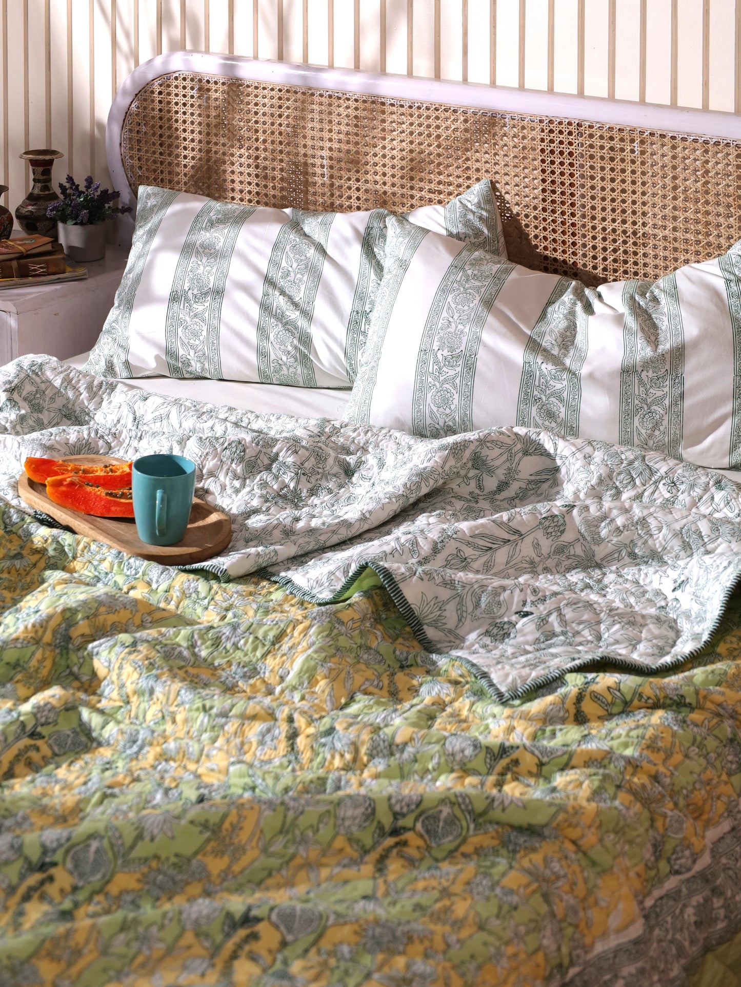Parrot and yellow gadh jaal mulmul quilt