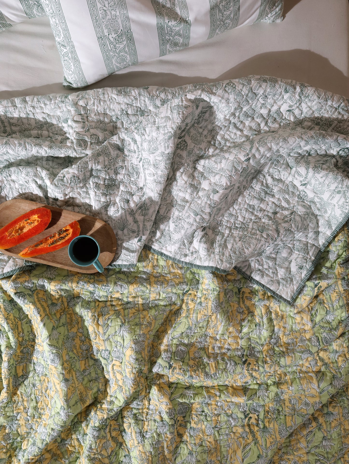 Parrot and yellow gadh jaal mulmul quilt