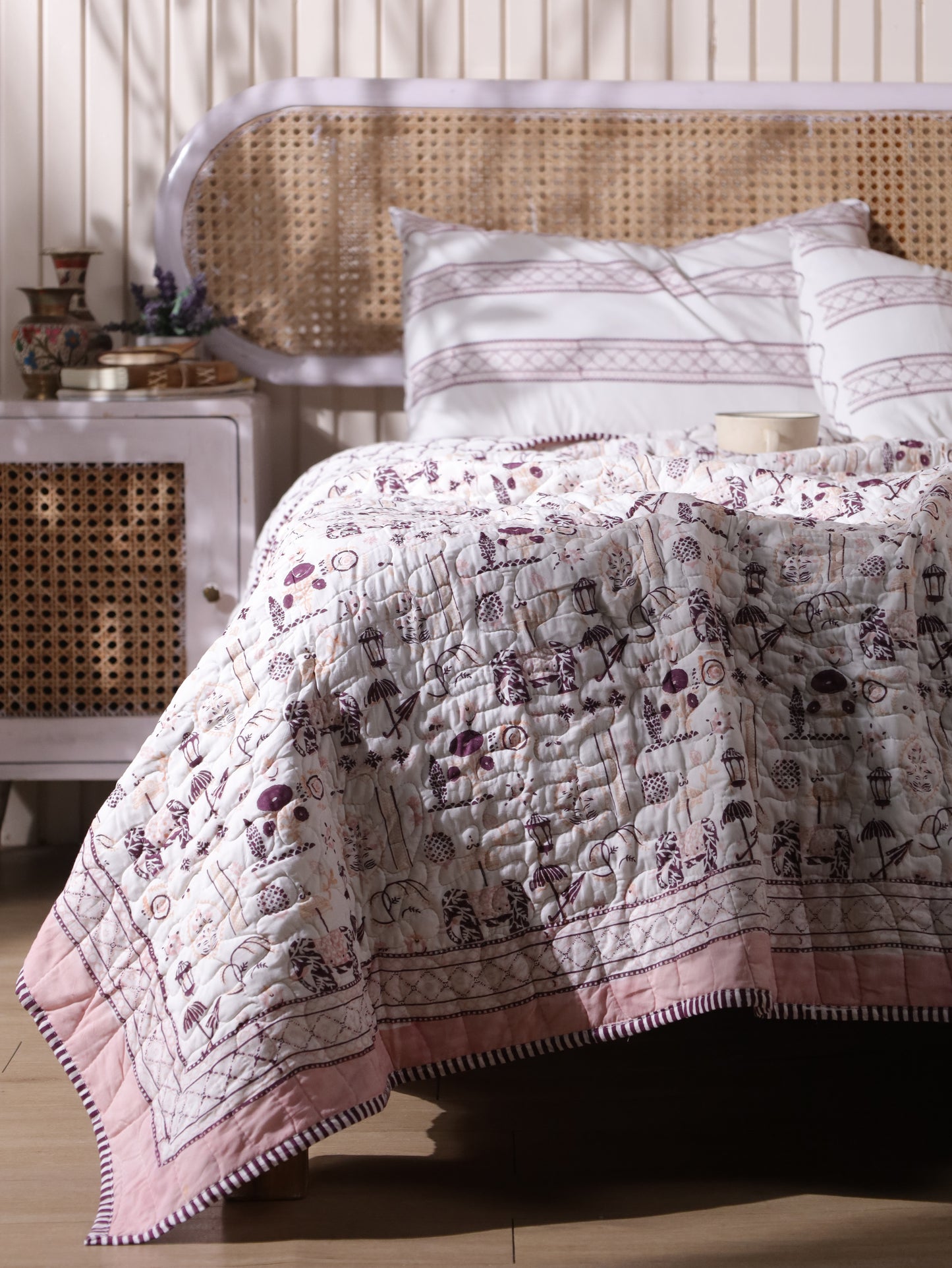 Lilac and maroon scattered ethnic mulmul quilt