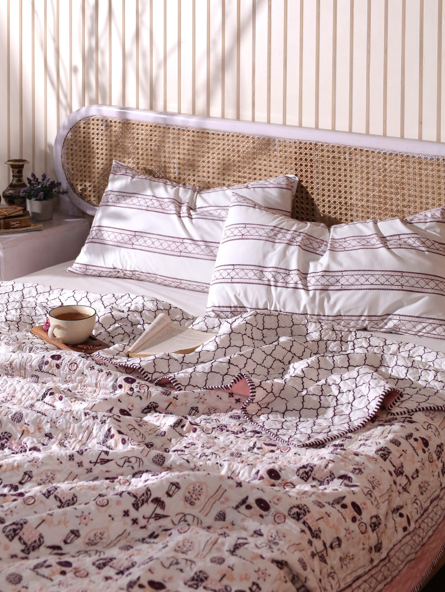 Lilac and maroon scattered ethnic mulmul quilt
