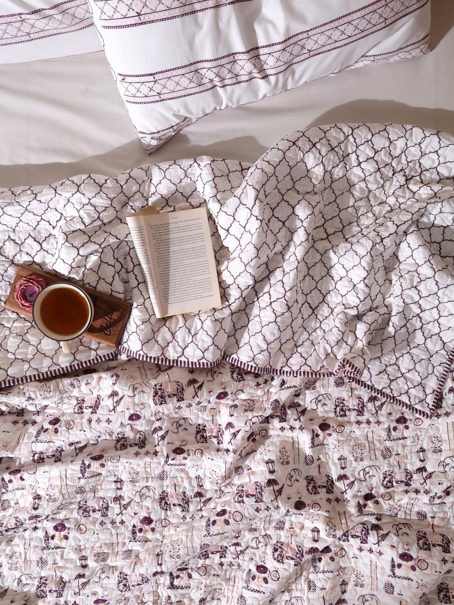 Lilac and maroon scattered ethnic mulmul quilt