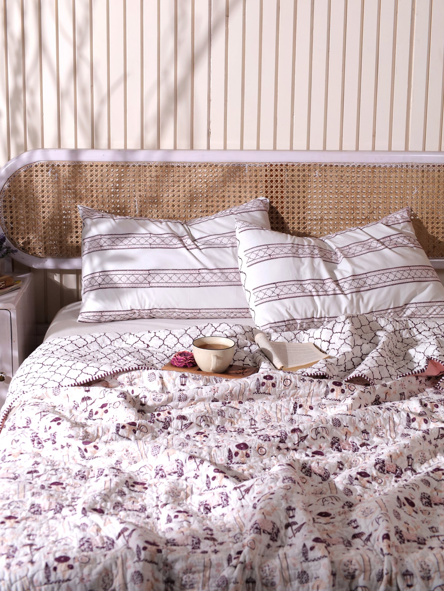 Lilac and maroon scattered ethnic mulmul quilt