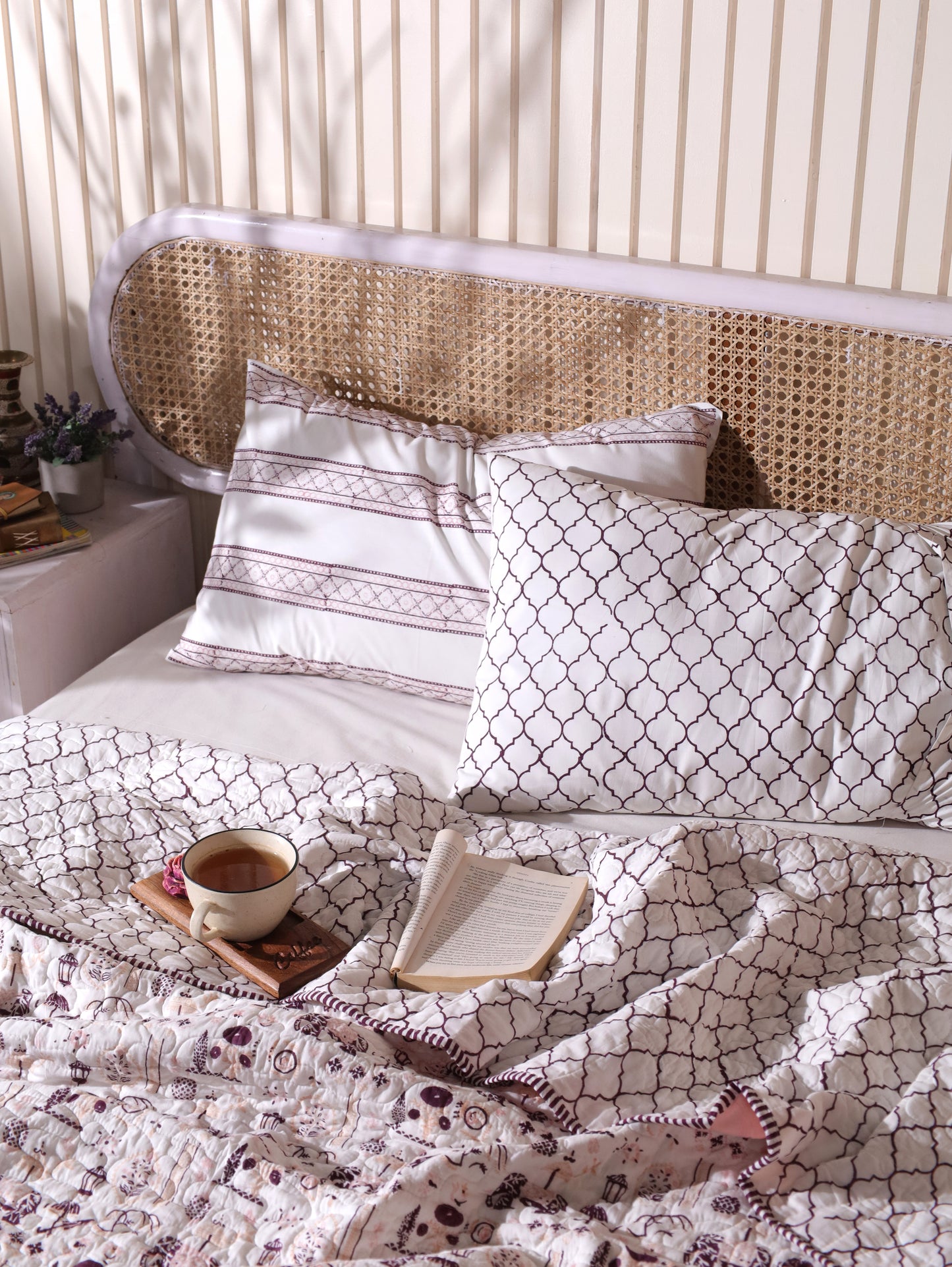 Lilac and maroon scattered ethnic mulmul quilt