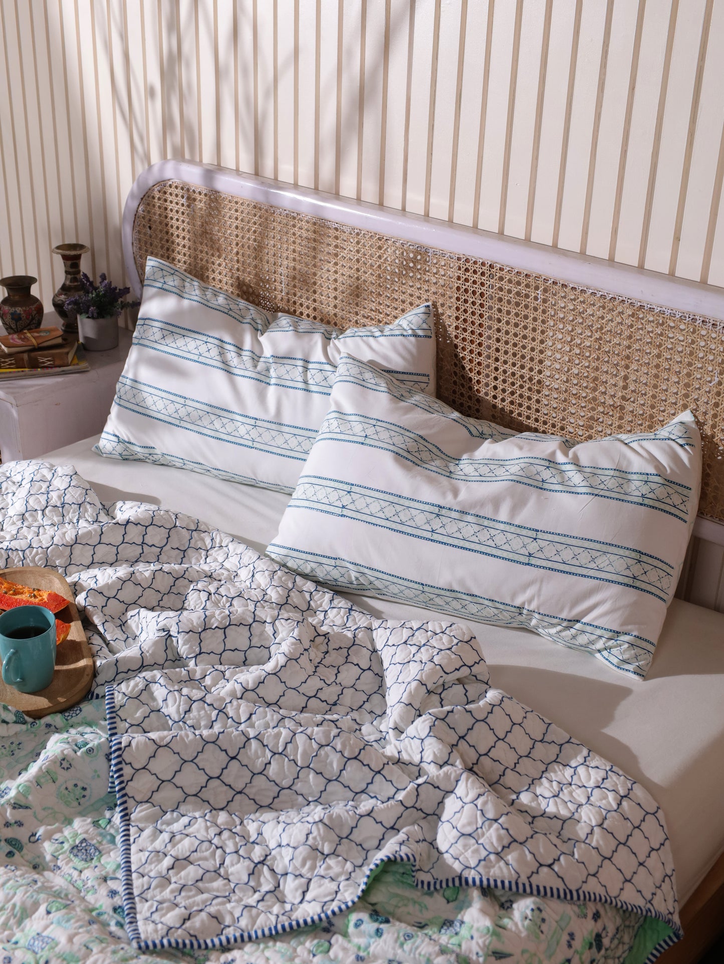 Blue and sea green scattered ethnic mulmul quilt