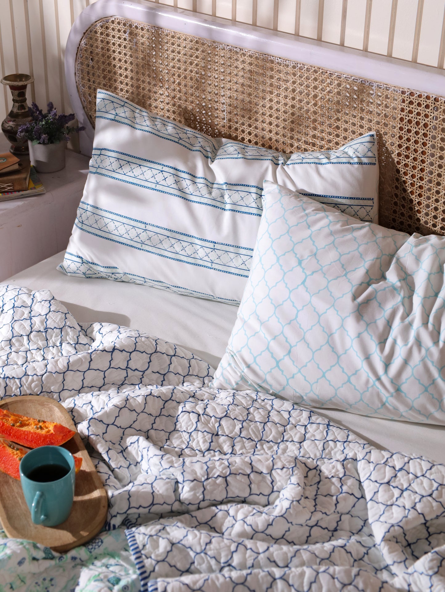 Blue and sea green scattered ethnic mulmul quilt