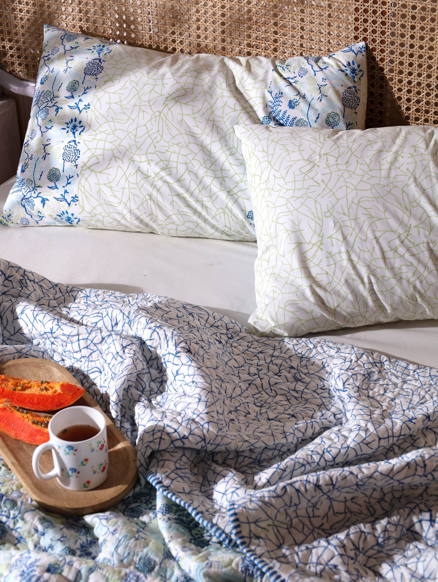 Blues and parrot kamal phool mulmul quilt (floral jaal)