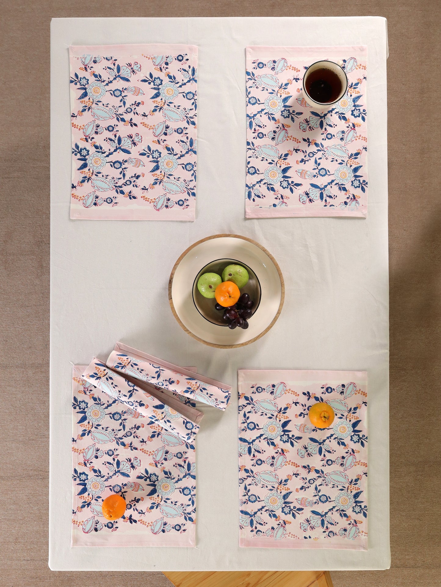 Turquoise blue and peach phal aur phool table mat