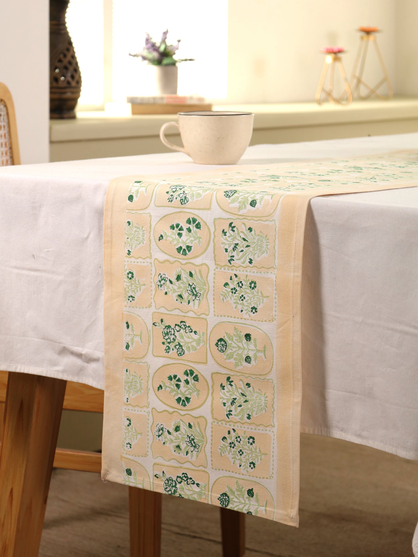 Green parrot and yellow motif tiles table runner