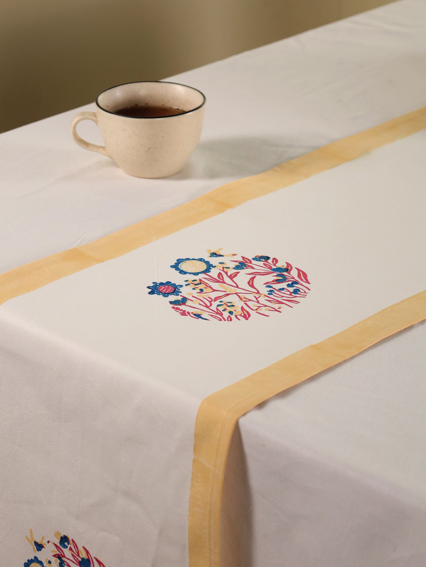Navy red and yellow phool bagh motif table runner