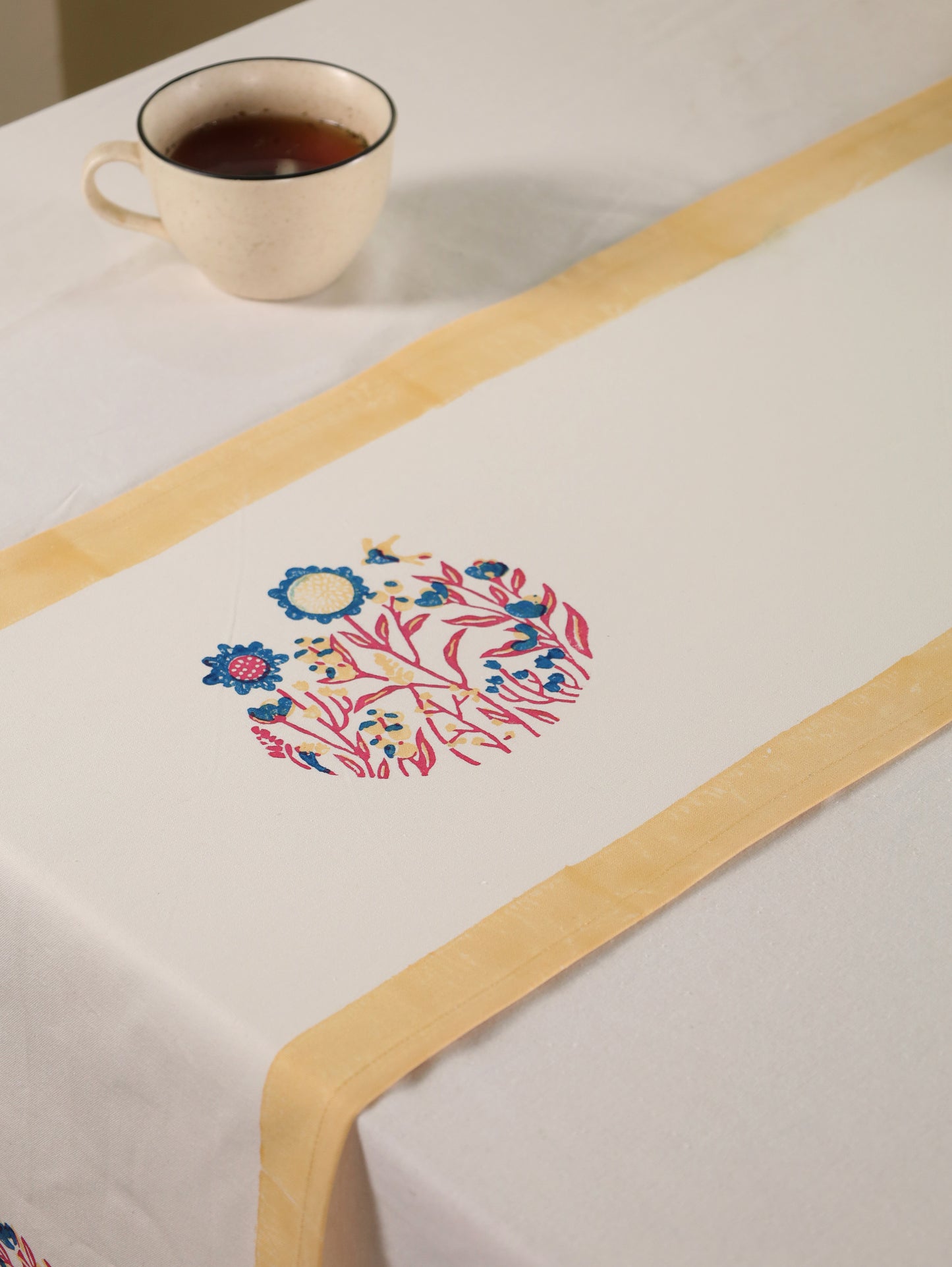 Navy red and yellow phool bagh motif table runner
