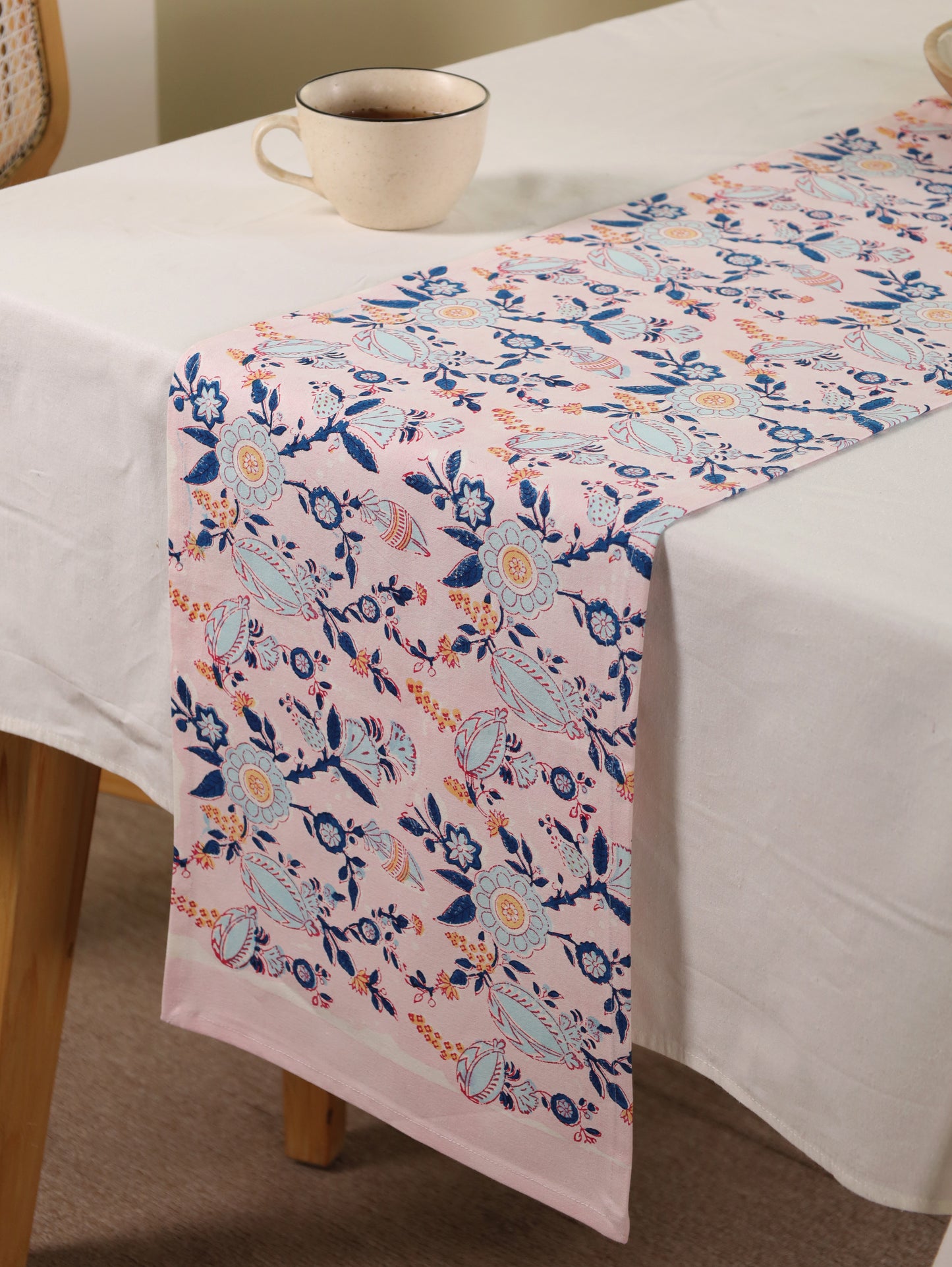 Turquoise blue and peach phal aur phool table runner