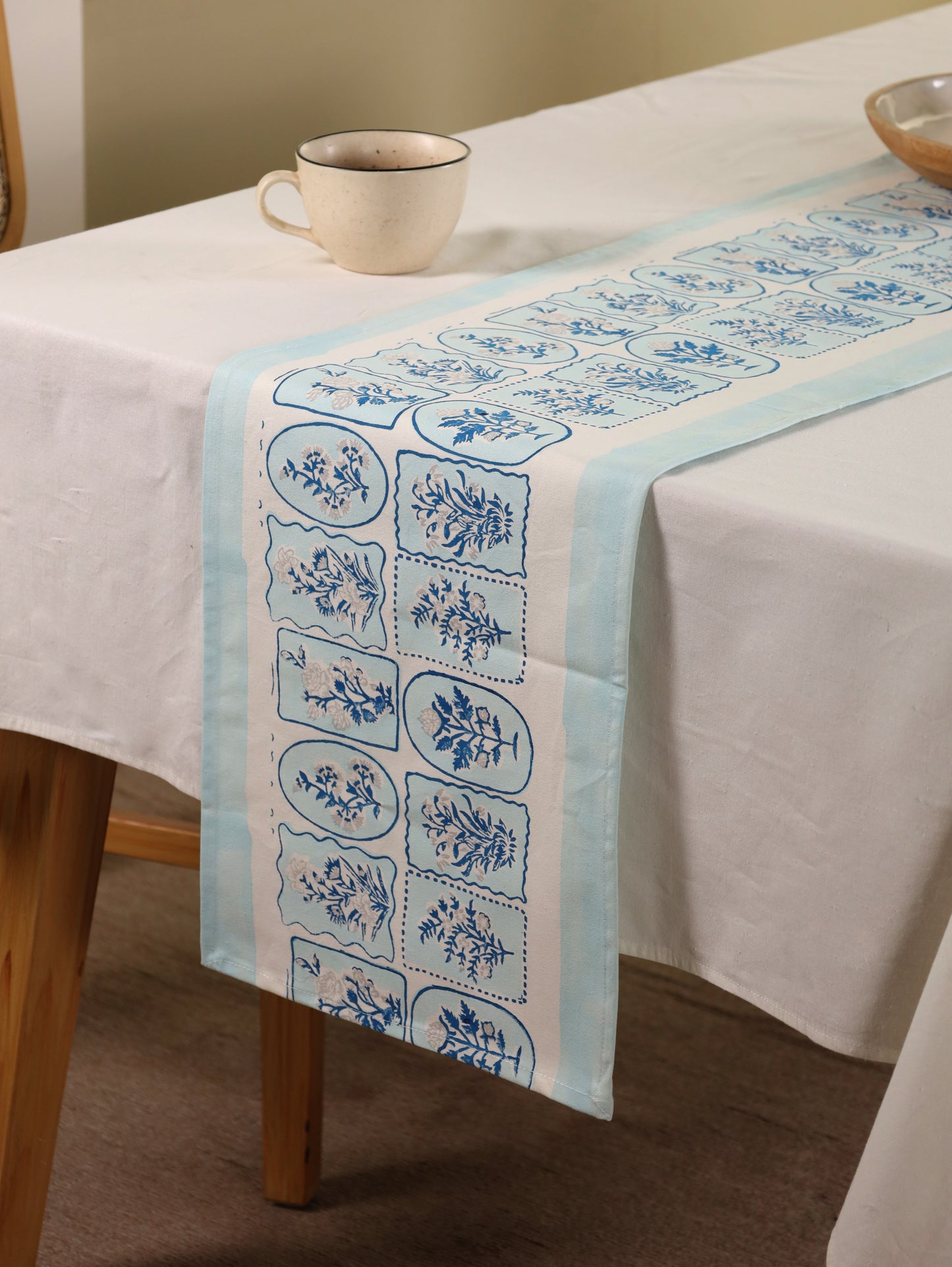 Navy blue and grey motif tiles table runner