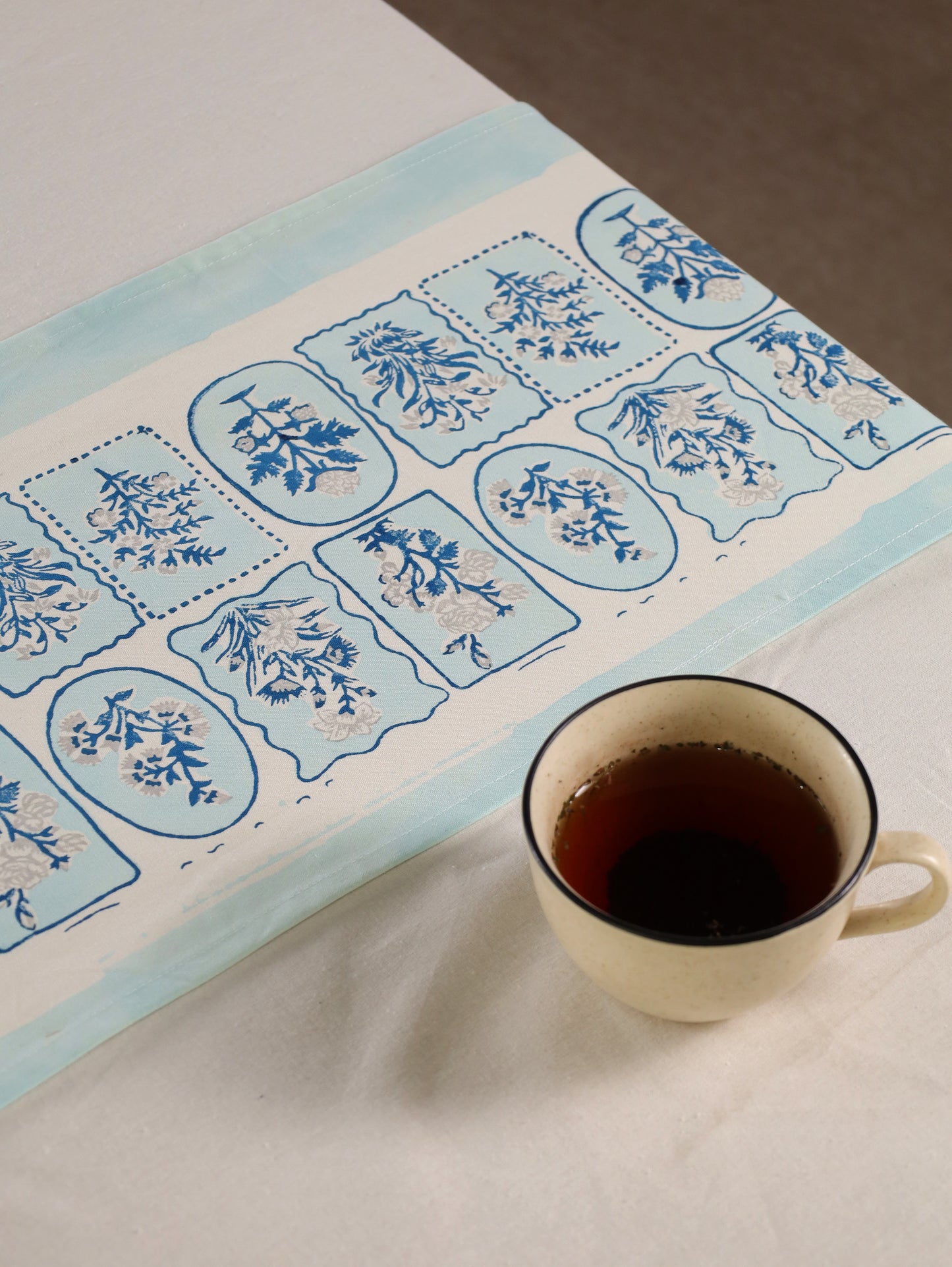 Navy blue and grey motif tiles table runner