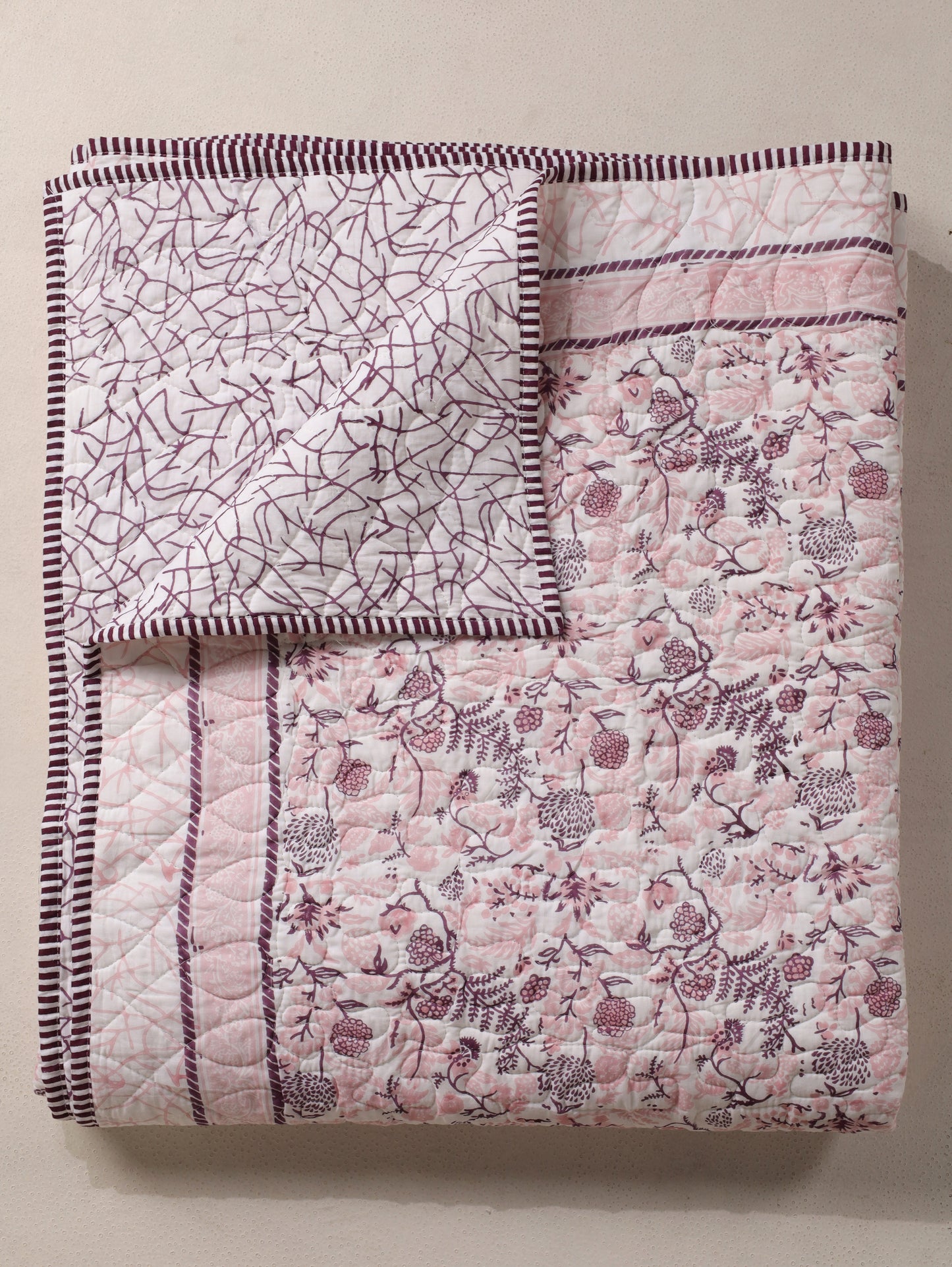 Lilac and pink kamal phool mulmul quilt (floral jaal)