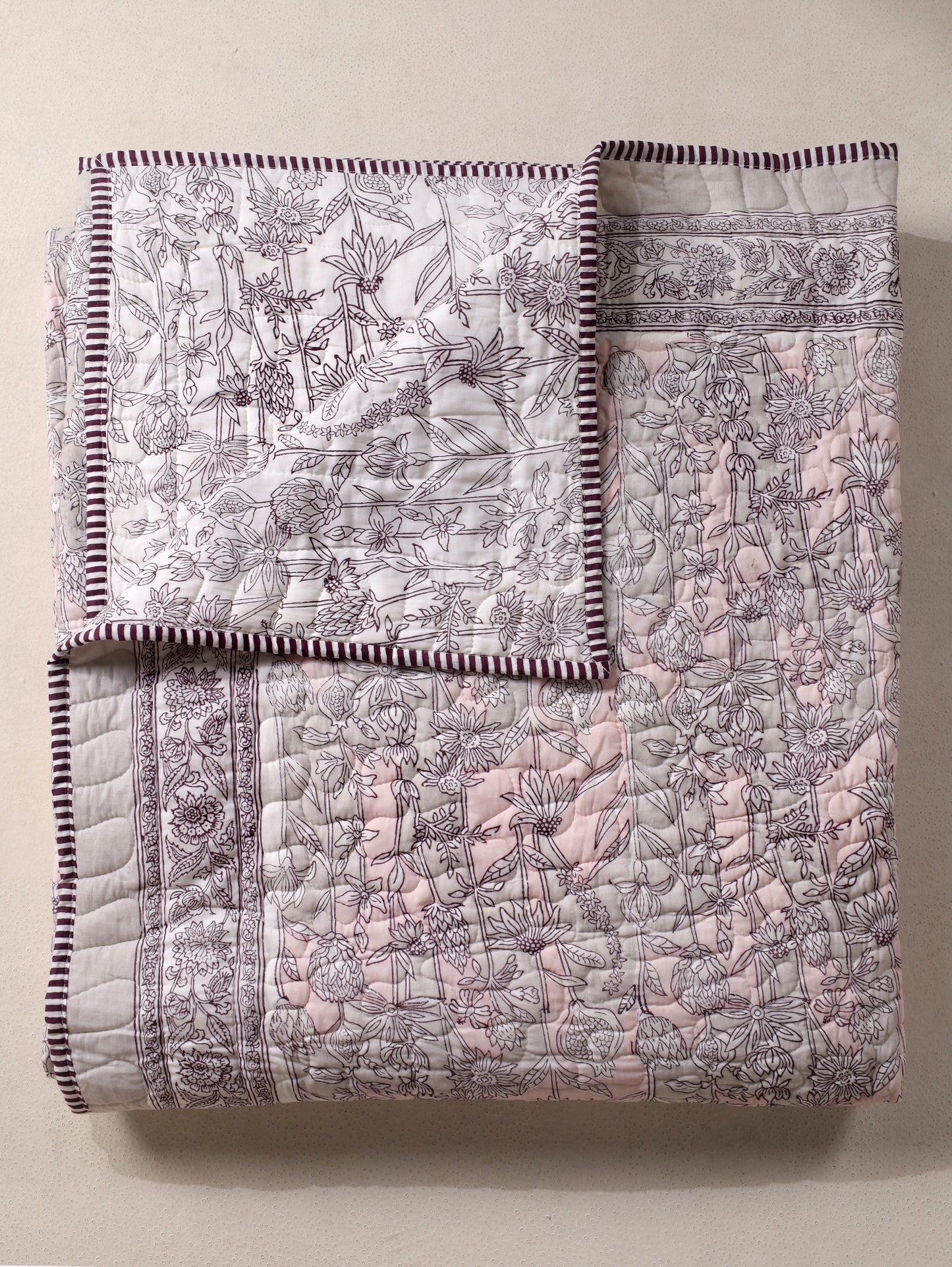 Pink and grey gadh jaal mulmul quilt