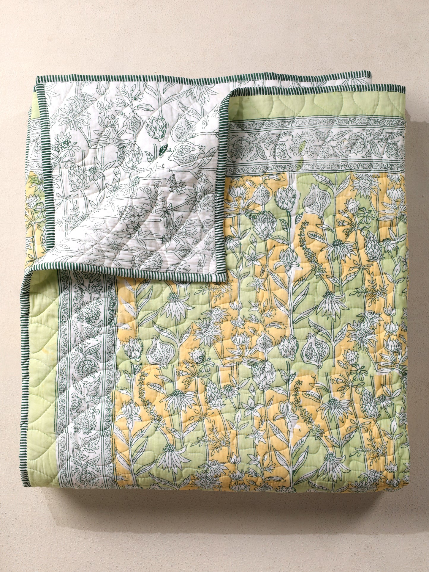 Parrot and yellow gadh jaal mulmul quilt