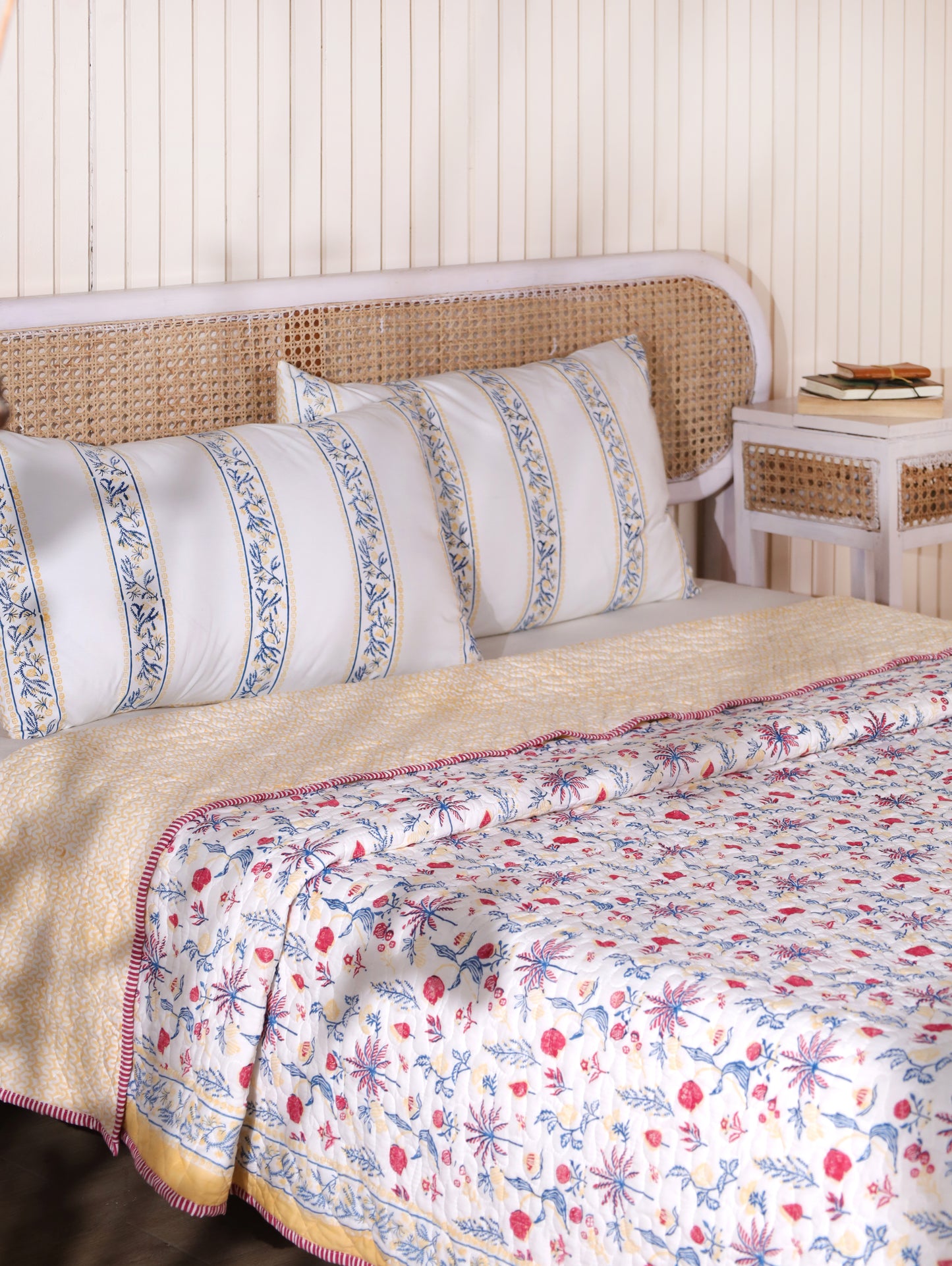 Magenta yellow and blue nariyal tree mulmul quilt (scattered floral)