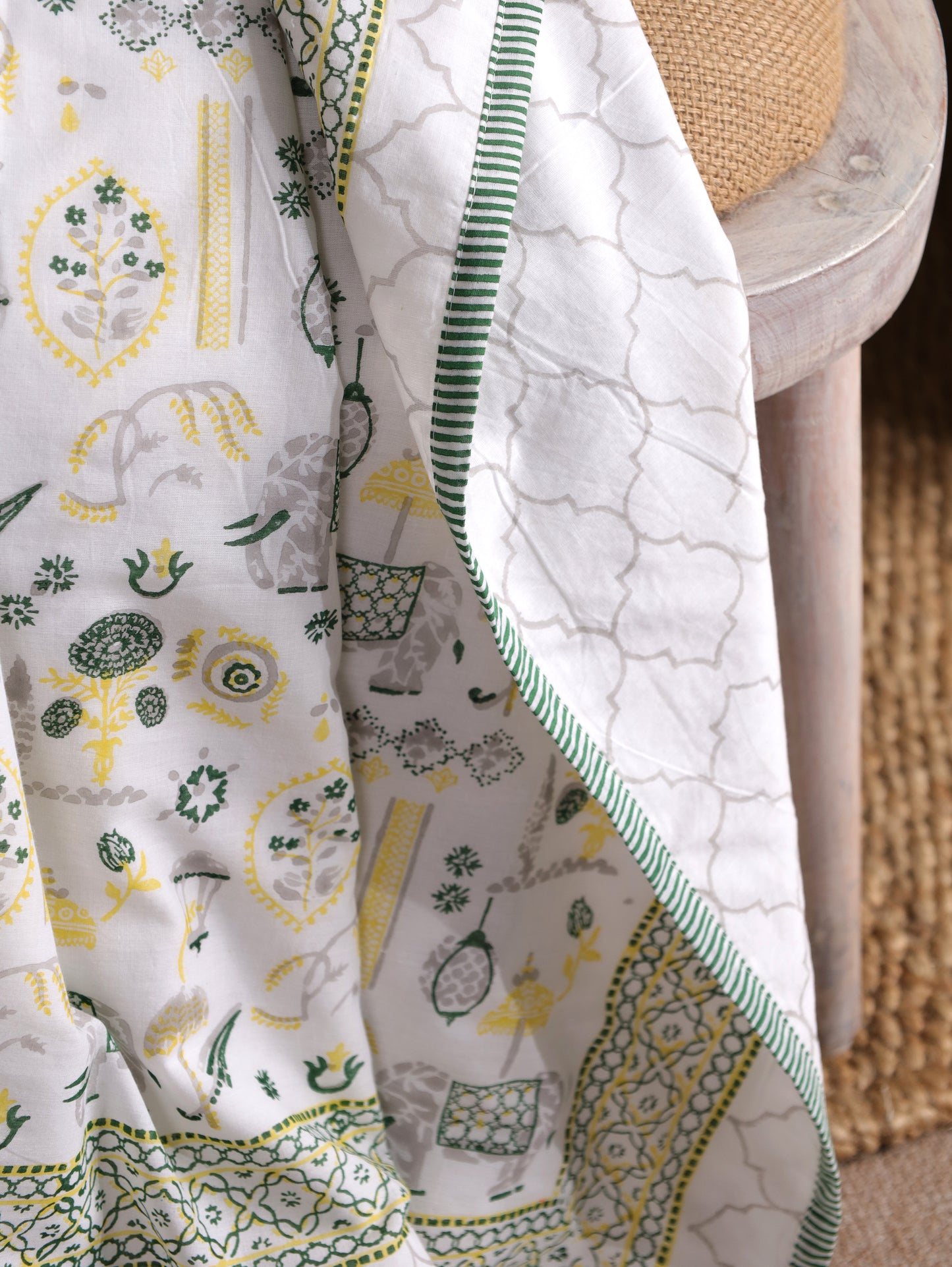 Grey green and yellow scattered ethnic mulmul dohar