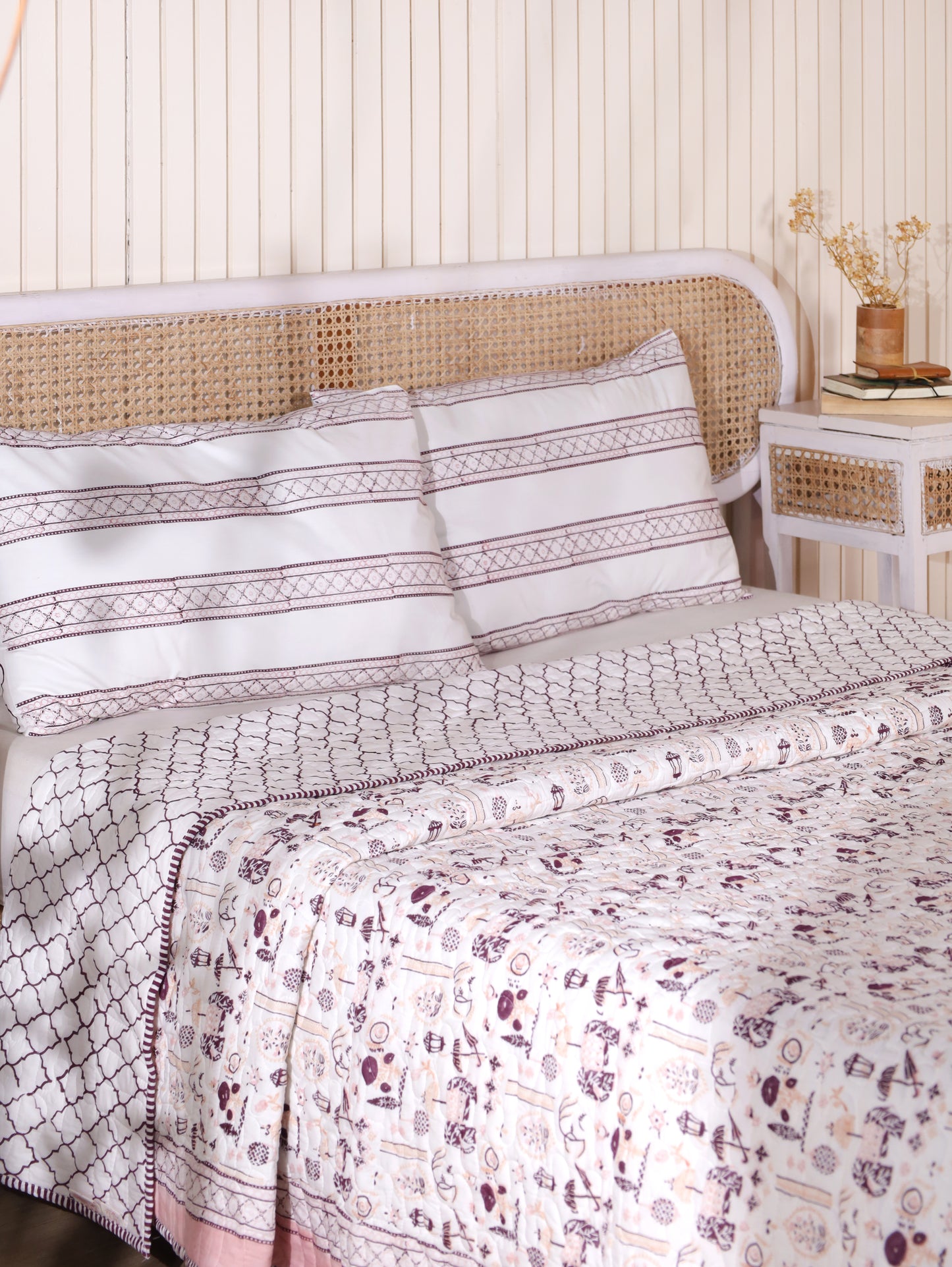 Lilac and maroon scattered ethnic mulmul quilt