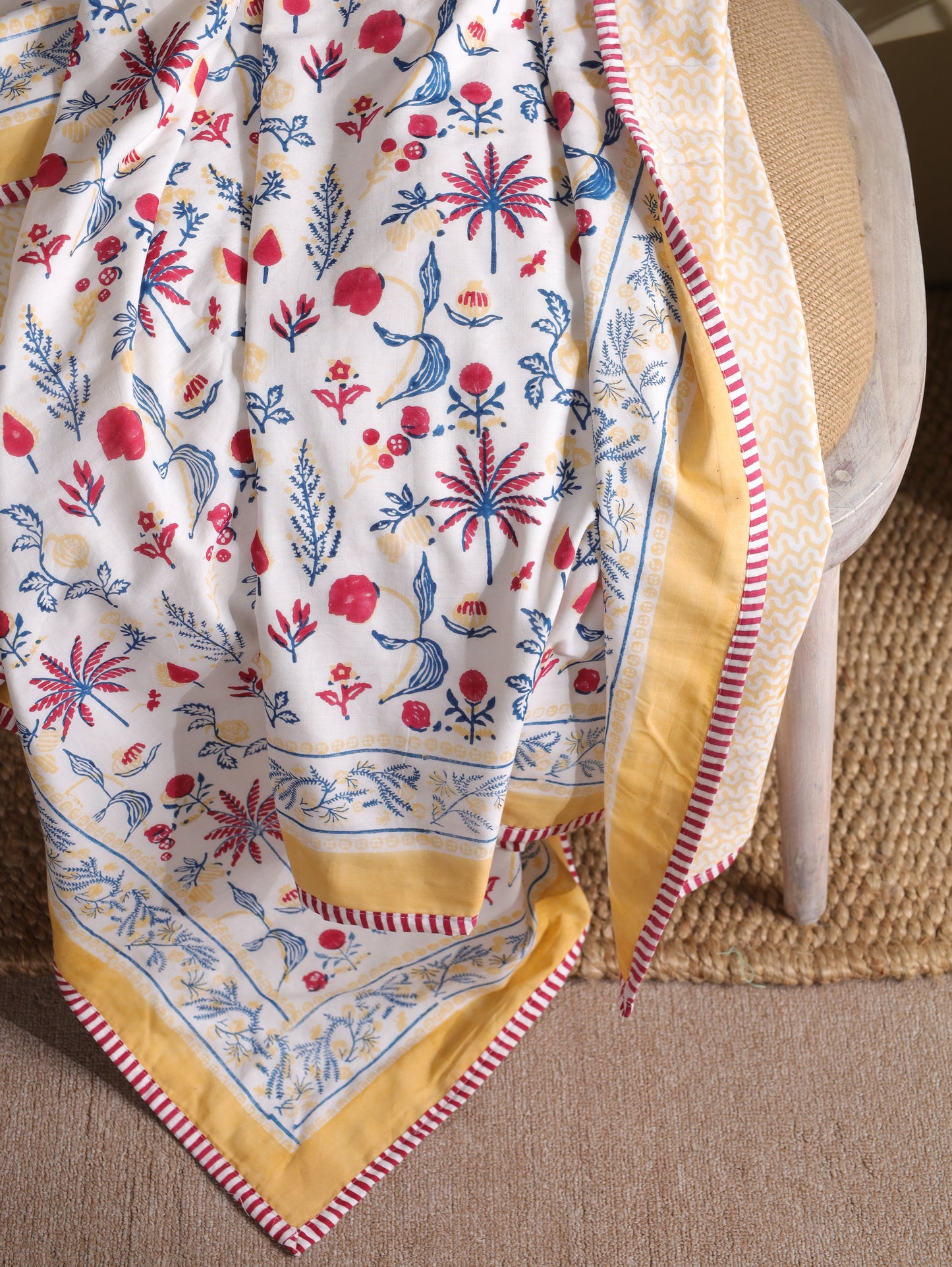 Magenta yellow and blue nariyal tree mulmul dohar (scattered floral)