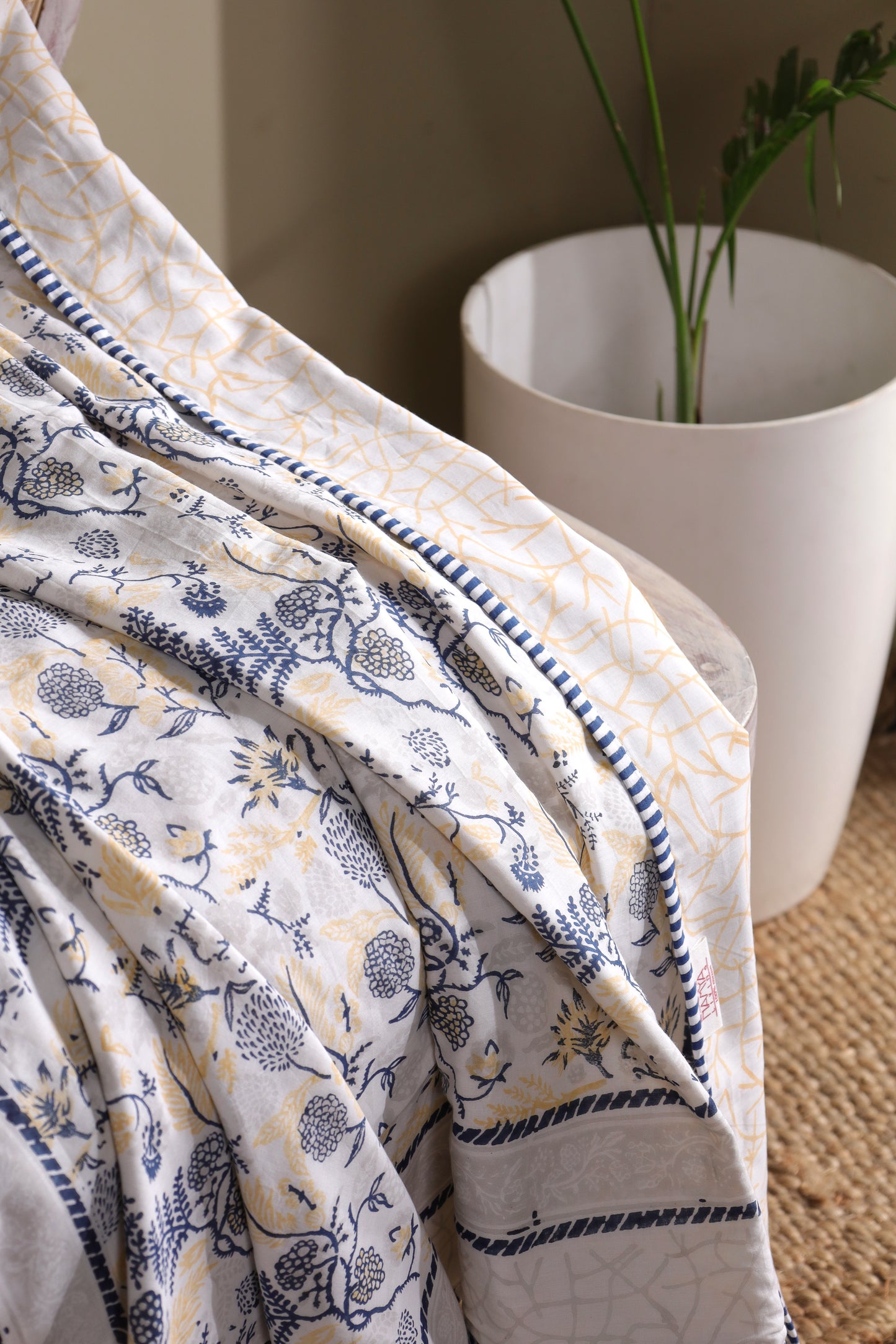 Blue grey and yellow kamal phool mulmul dohar (floral jaal)