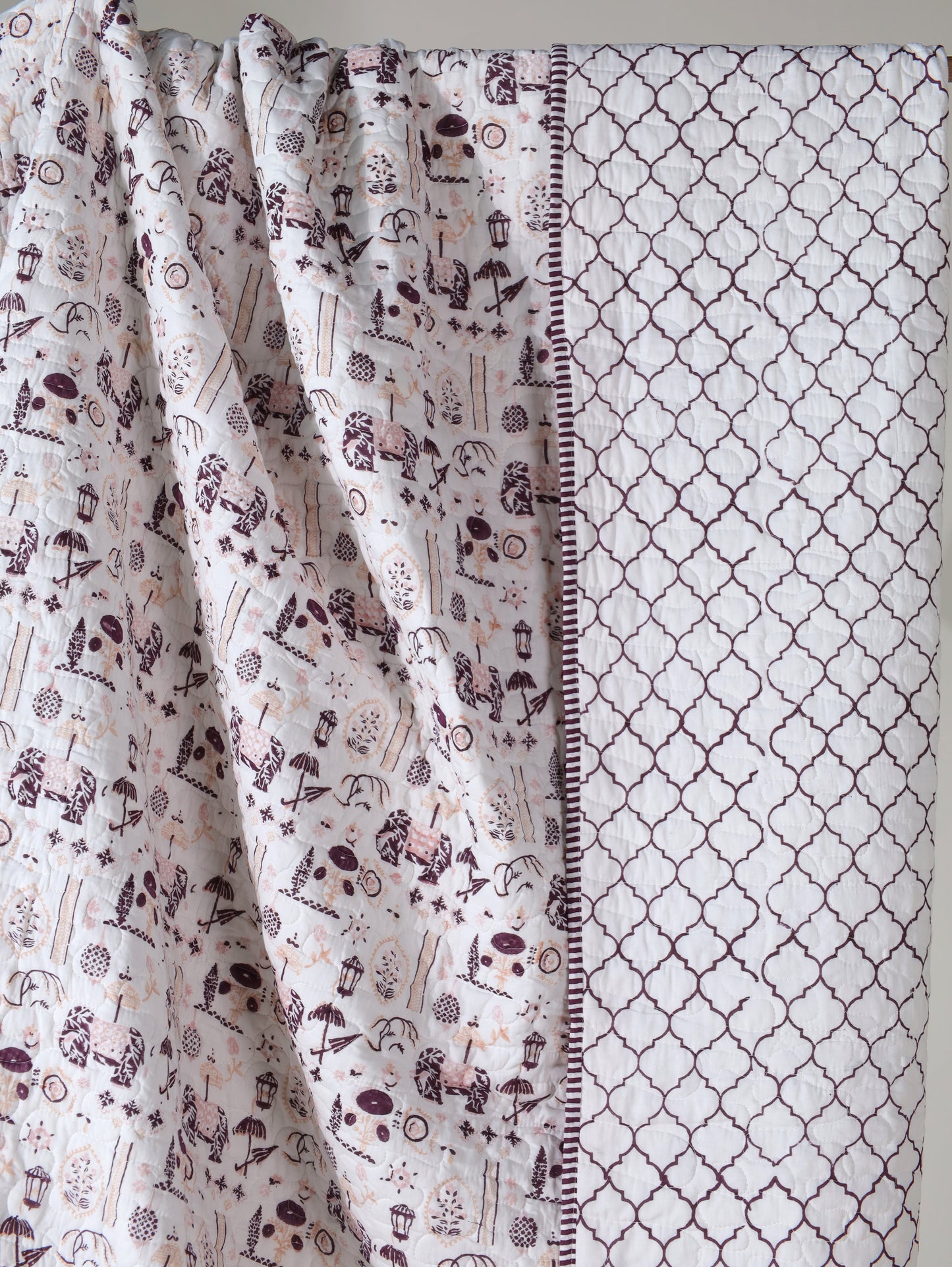 Lilac and maroon scattered ethnic mulmul quilt