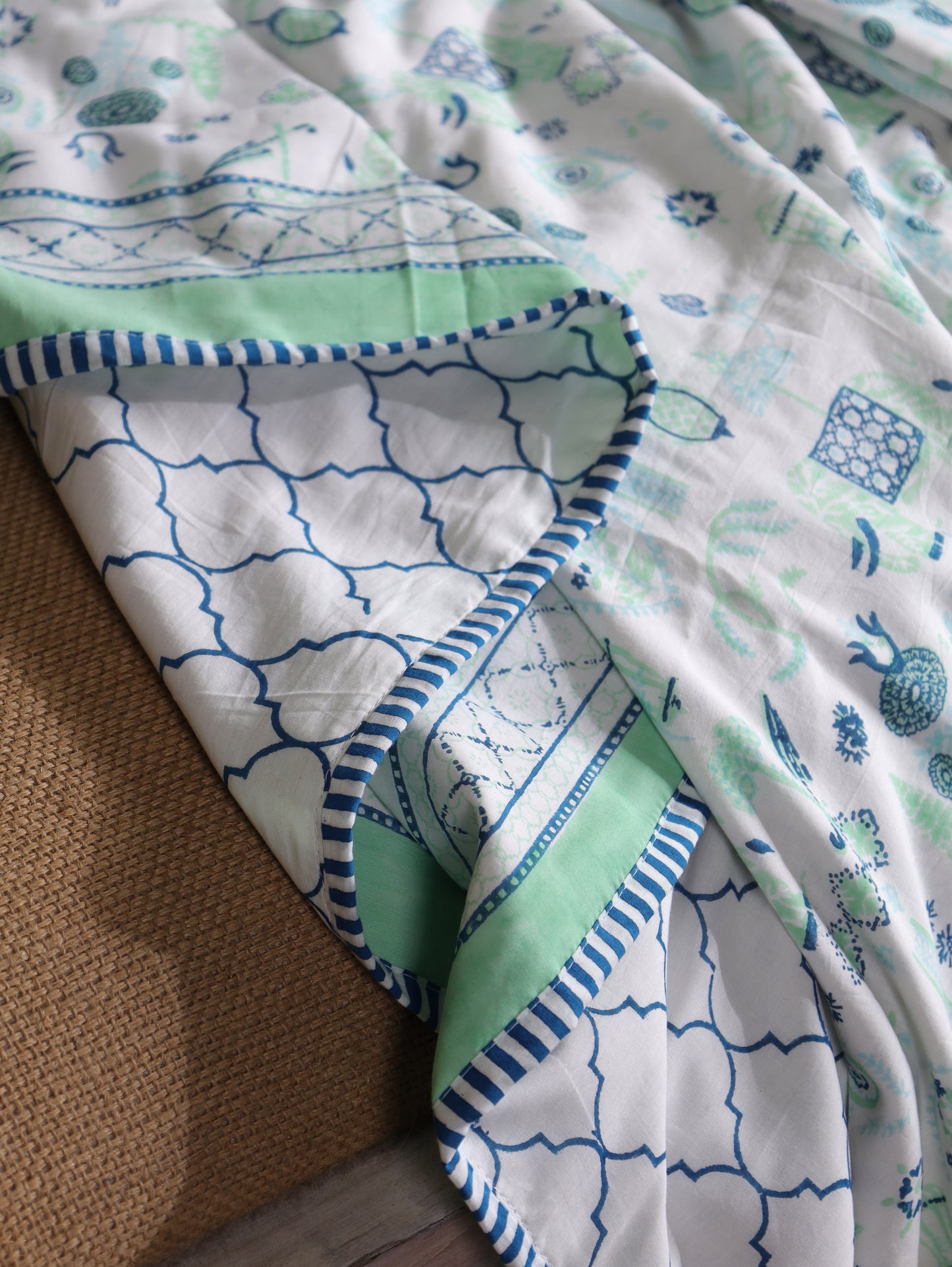 Blue and sea green scattered ethnic mulmul dohar