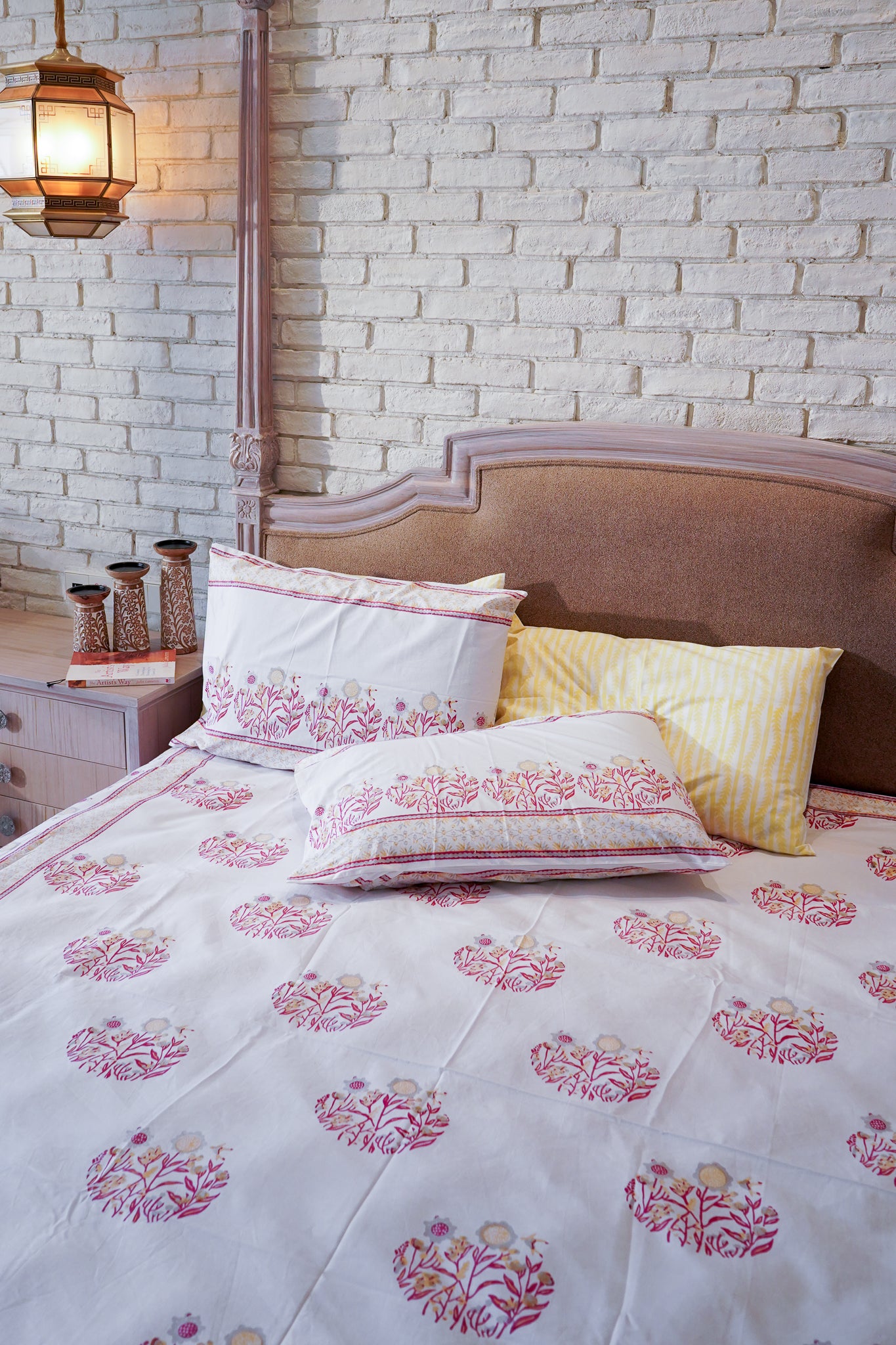 Red grey and yellow phool bagh motif bedsheet set