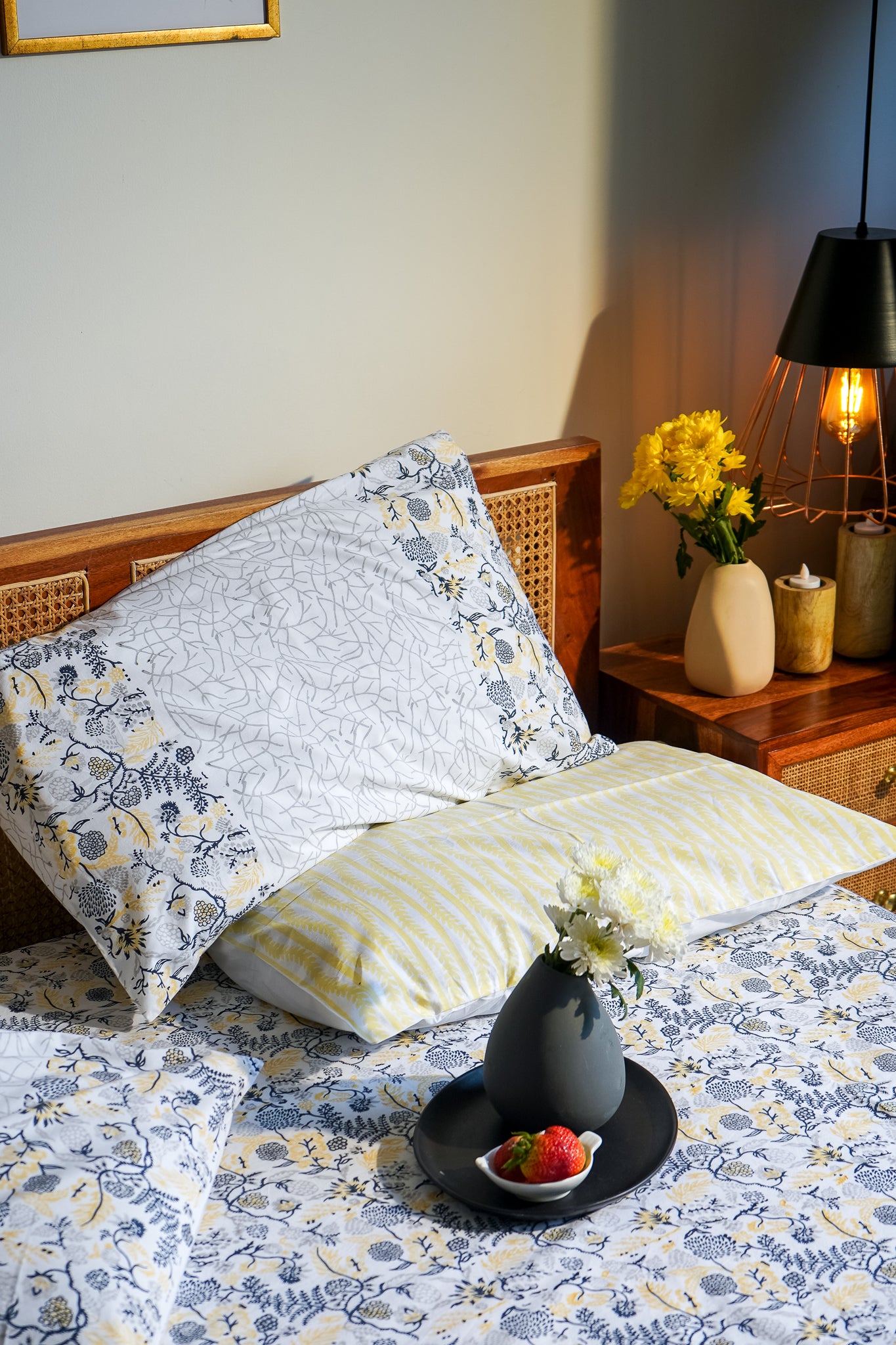 Blue grey and yellow kamal phool bedsheet set (floral jaal)