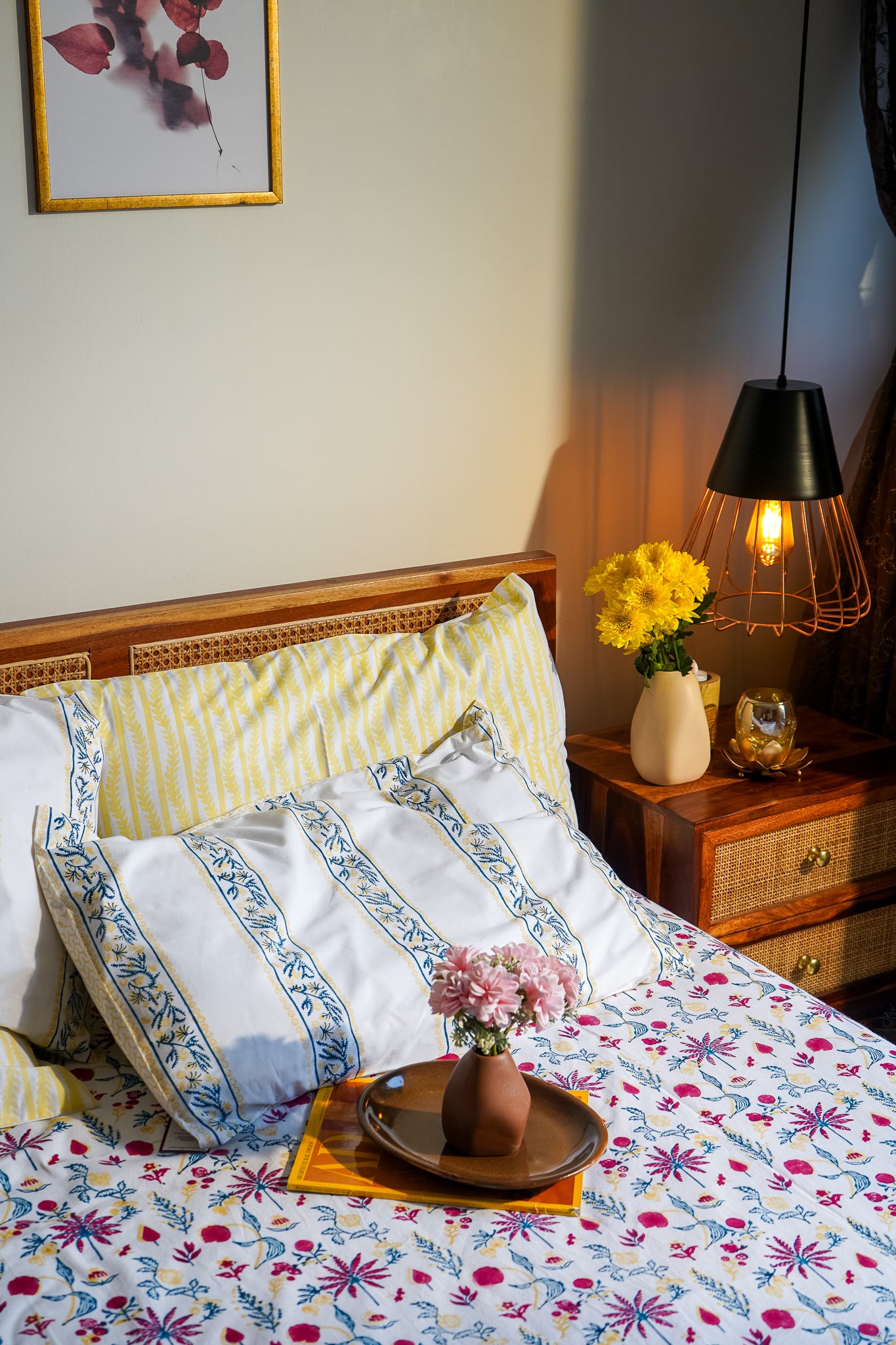 Magenta yellow and blue nariyal tree bedsheet set (scattered floral)