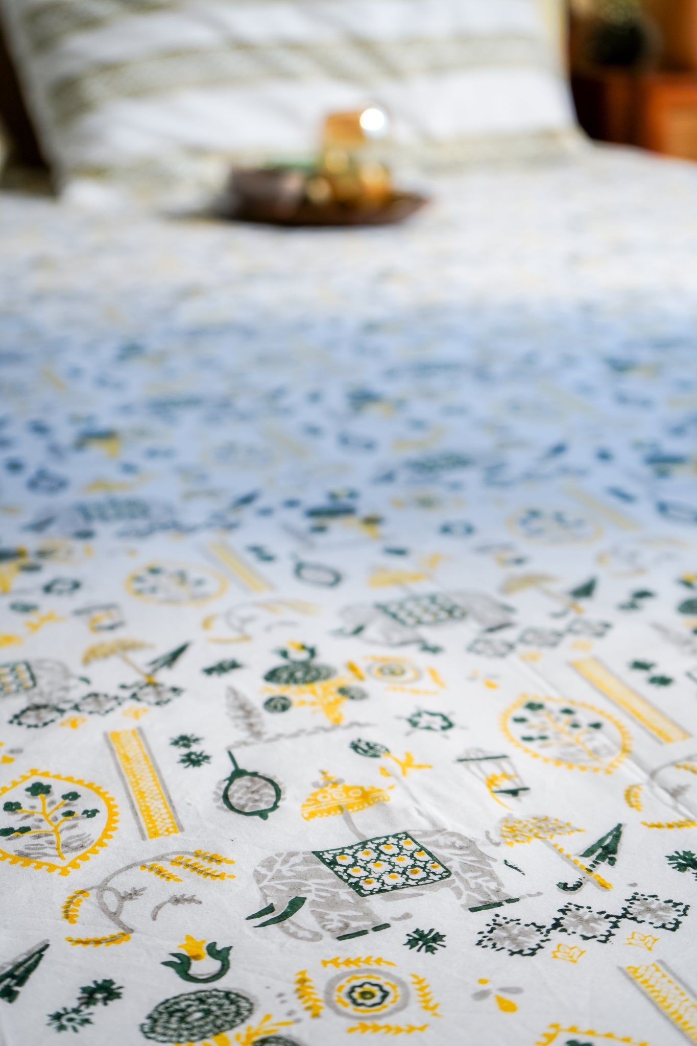 Grey green and yellow scattered ethnic bedsheet set