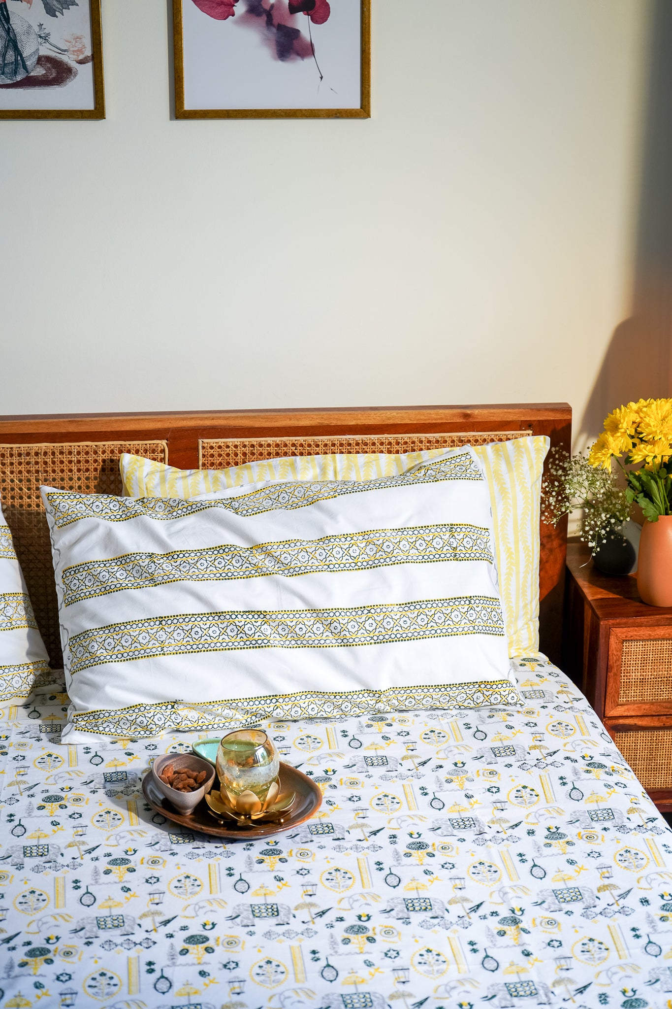 Grey green and yellow scattered ethnic fitted bedsheet set