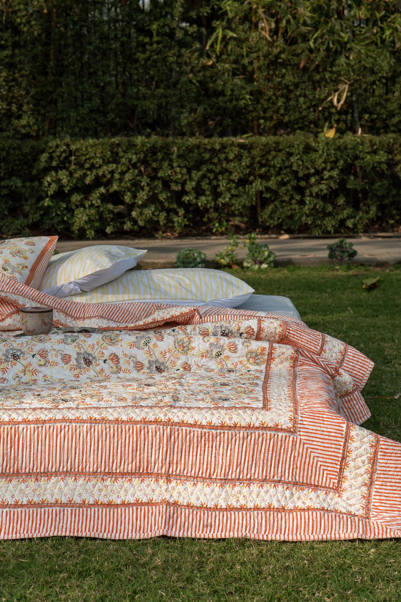 Grey and orange patte pe patta mulmul quilt