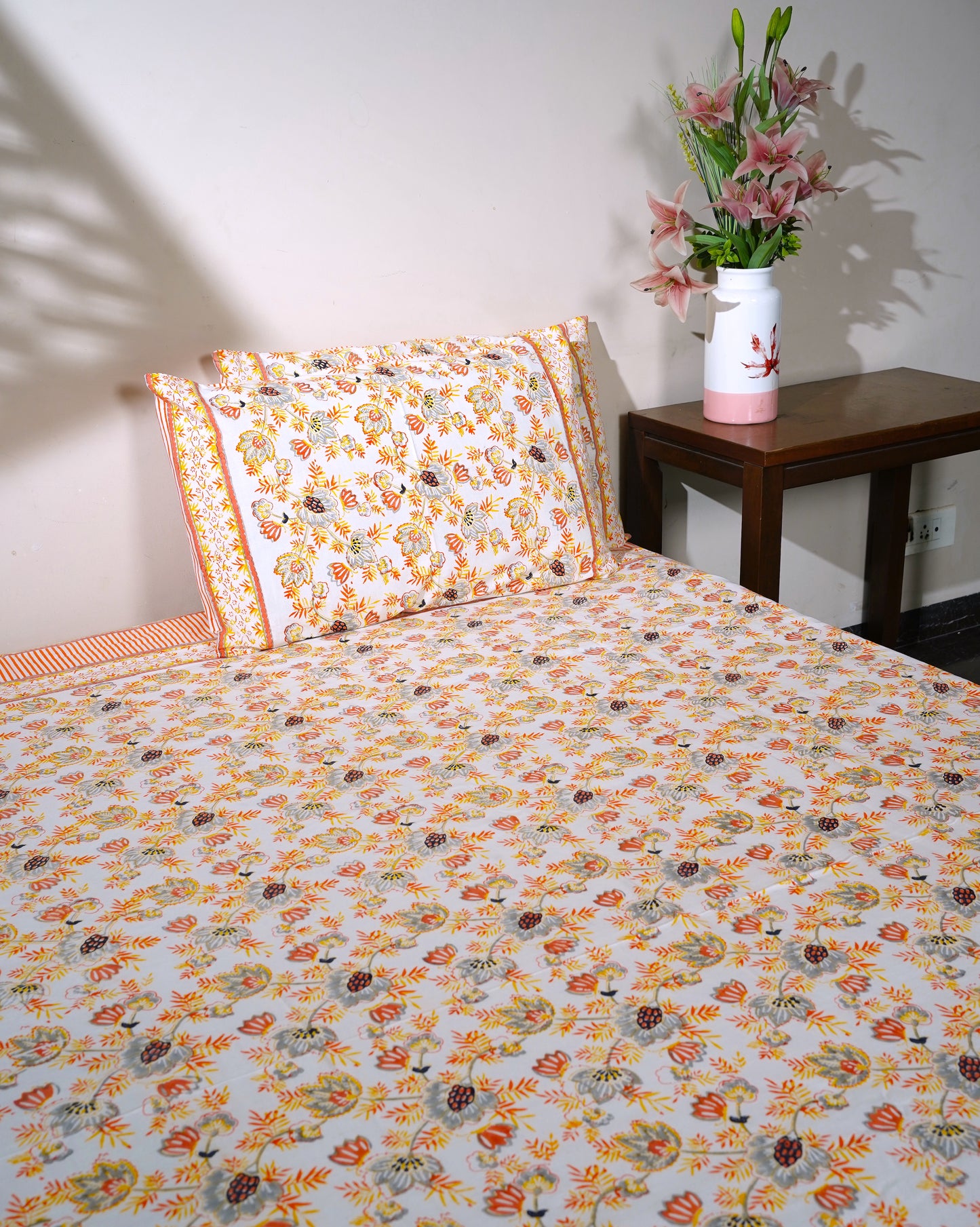 Grey and orange patte pe patta bedsheet set