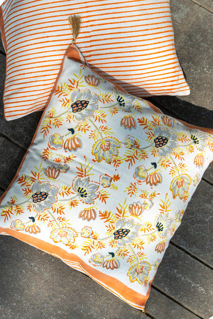 Grey and orange patte pe patta cushion cover