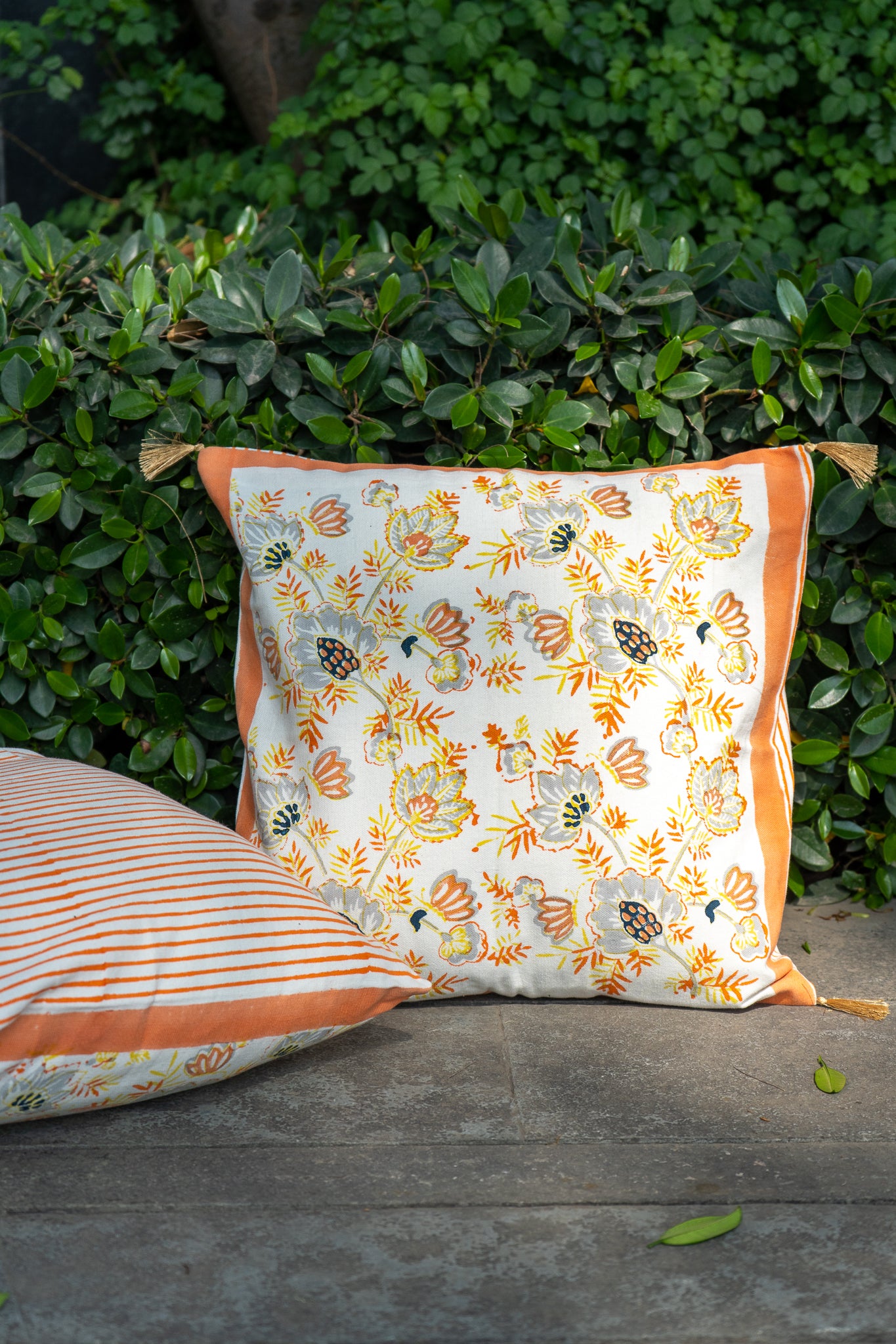 Grey and orange patte pe patta cushion cover