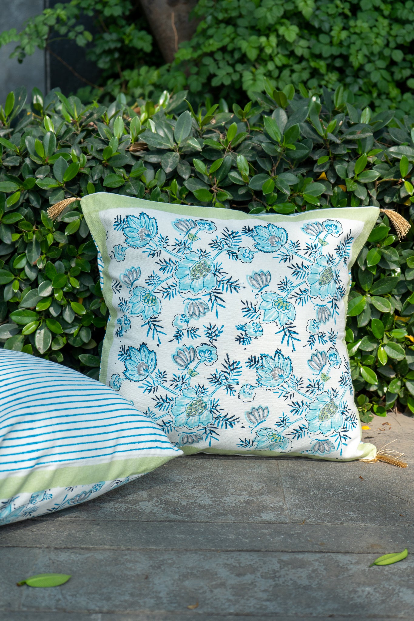 Dark and light blue patte pe patta cushion cover