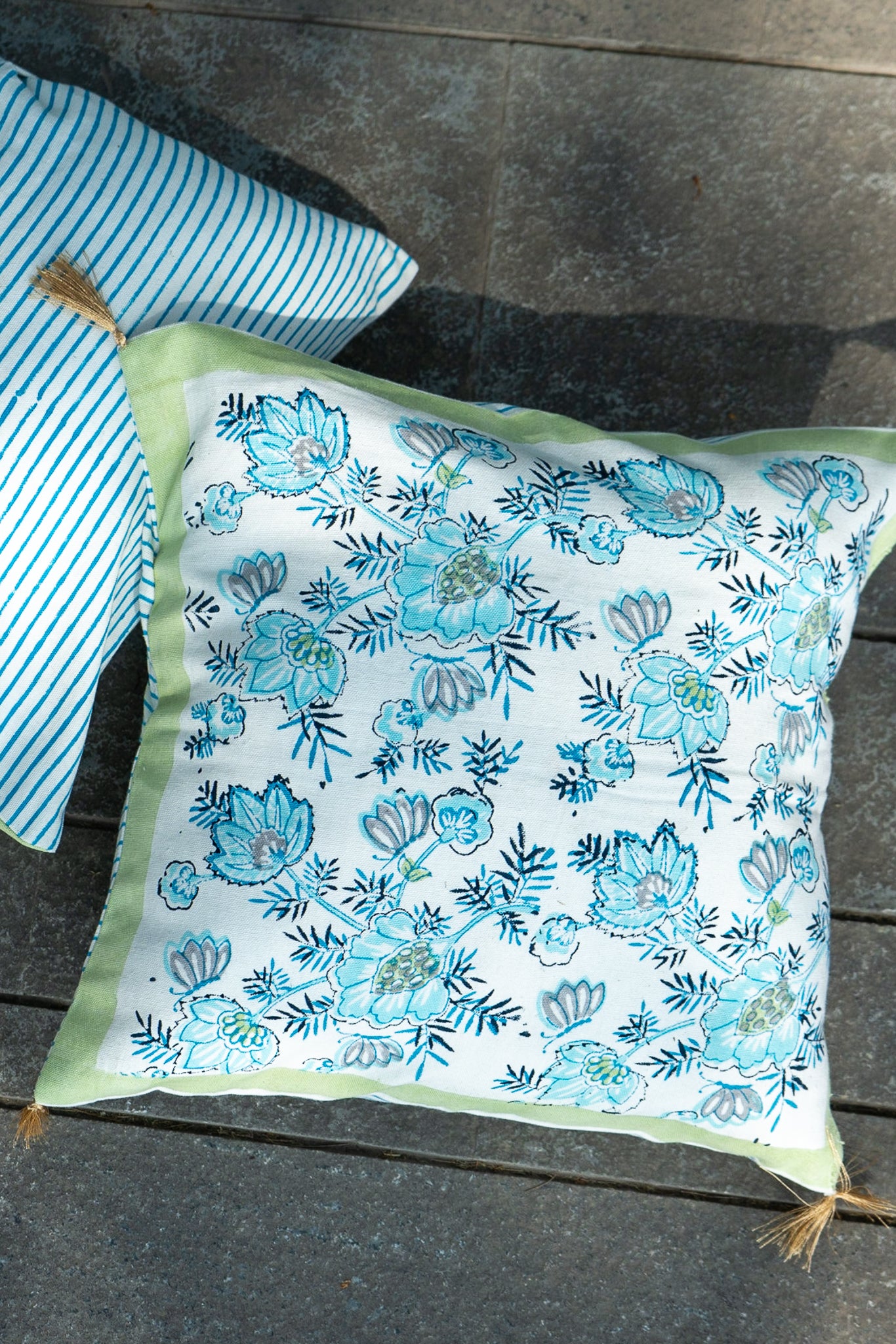 Dark and light blue patte pe patta cushion cover