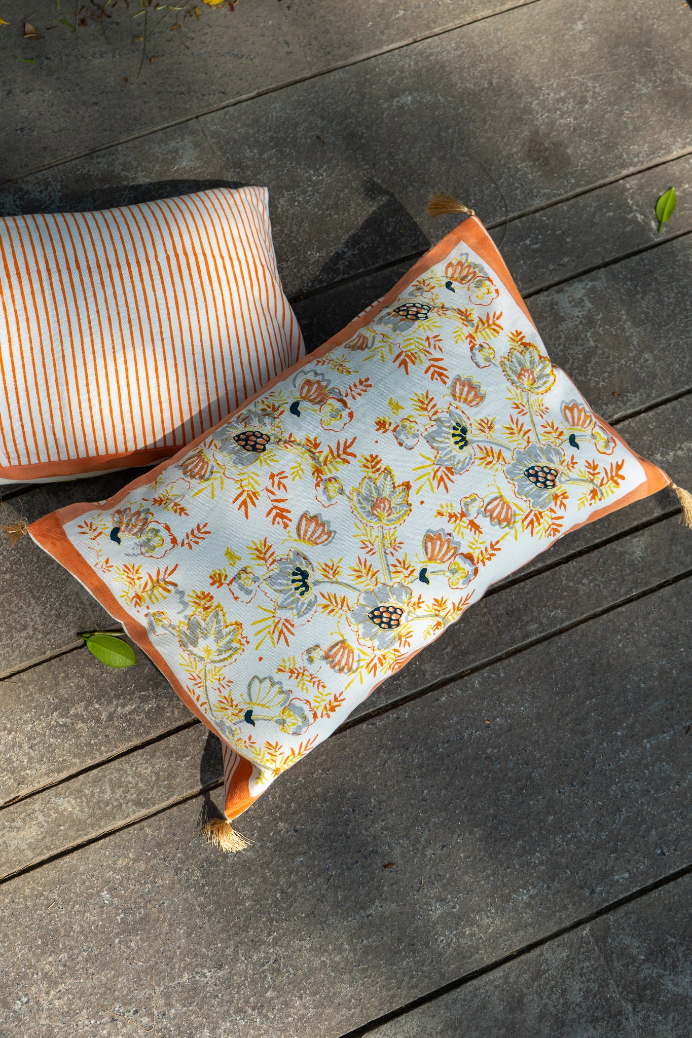 Grey and orange patte pe patta cushion cover