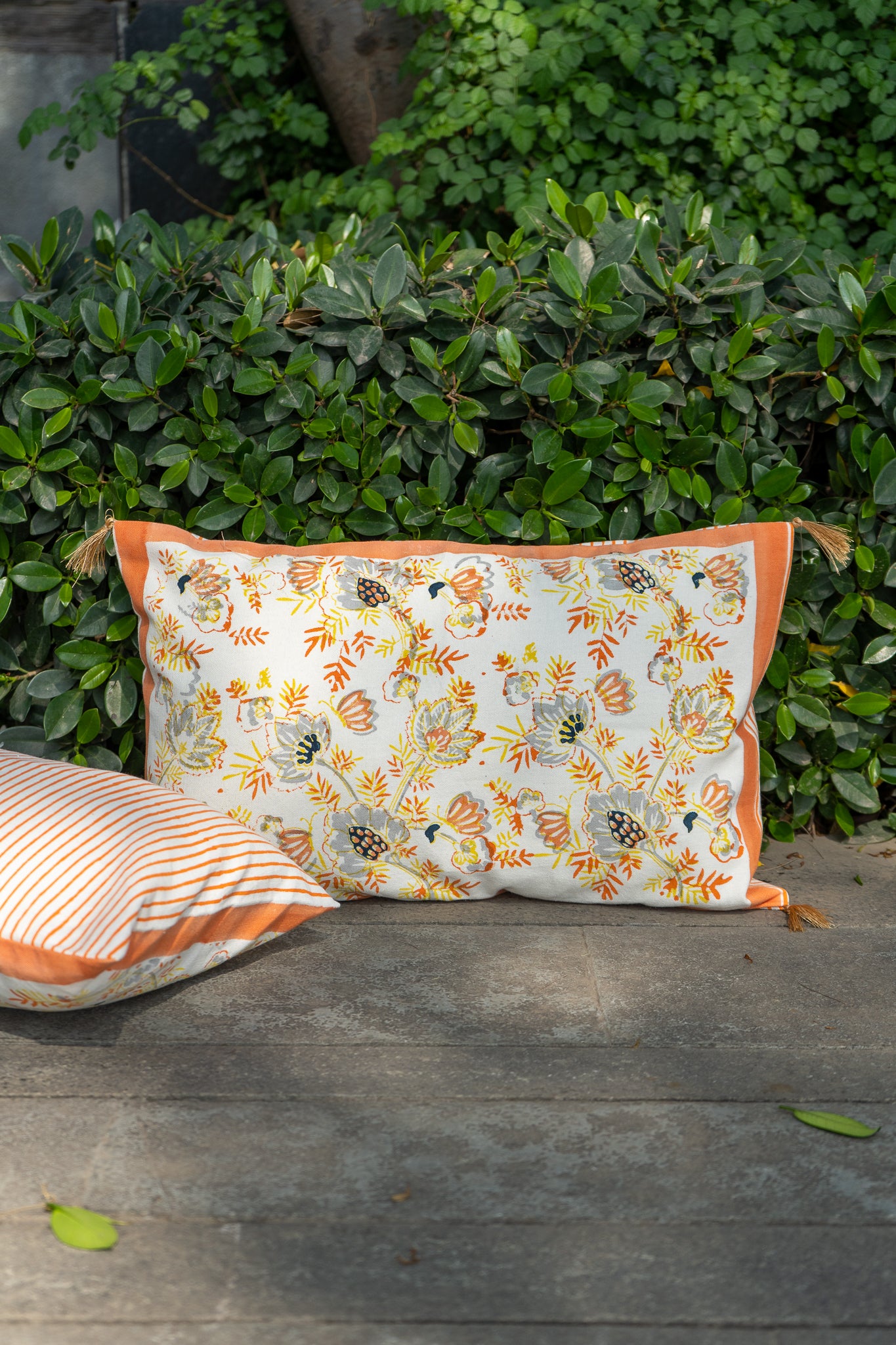 Grey and orange patte pe patta cushion cover