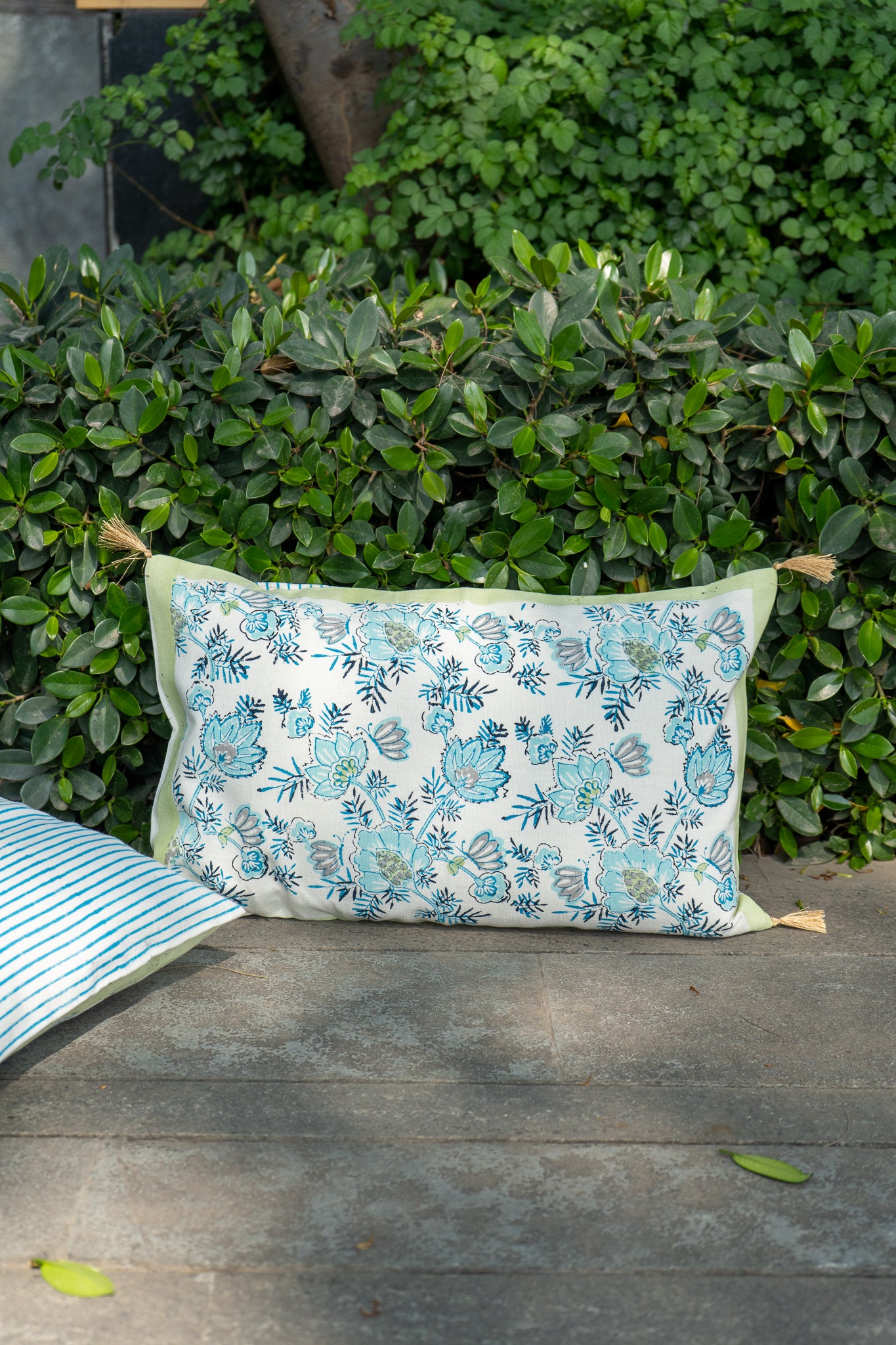 Dark and light blue patte pe patta cushion cover