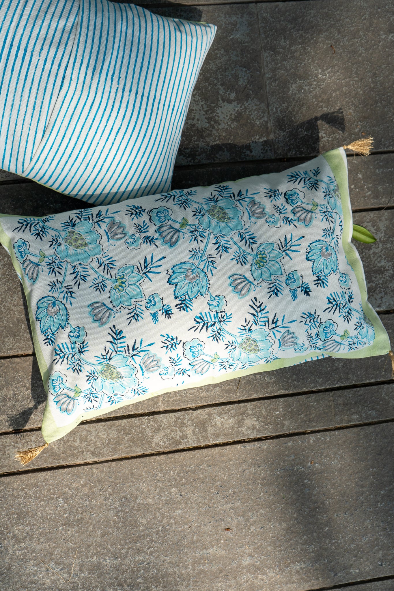 Dark and light blue patte pe patta cushion cover