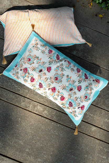 Blue and magenta patte pe patta cushion cover