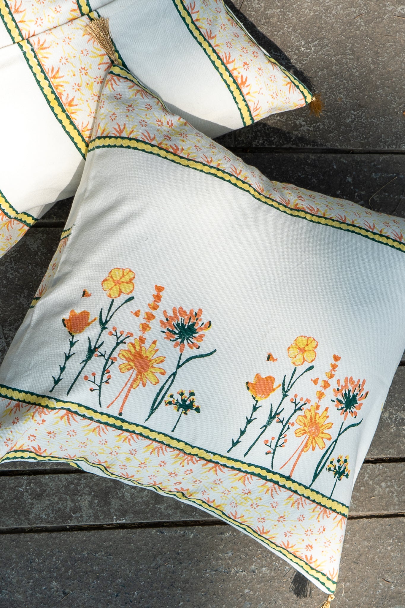 Yellow orange and green blooming flowers cushion cover