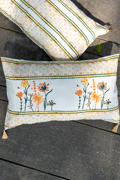 Yellow orange and green blooming flowers cushion cover