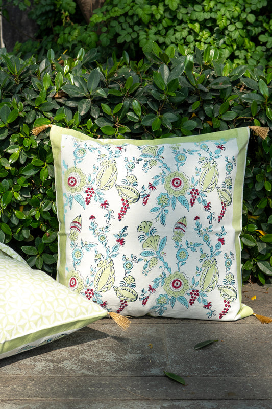 Lime and blue phal aur phool cushion cover