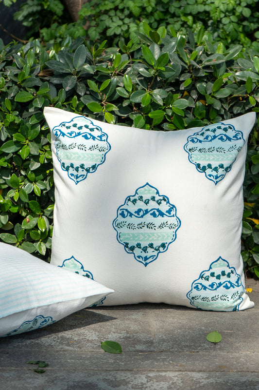 Blue and green heera jaal cushion cover